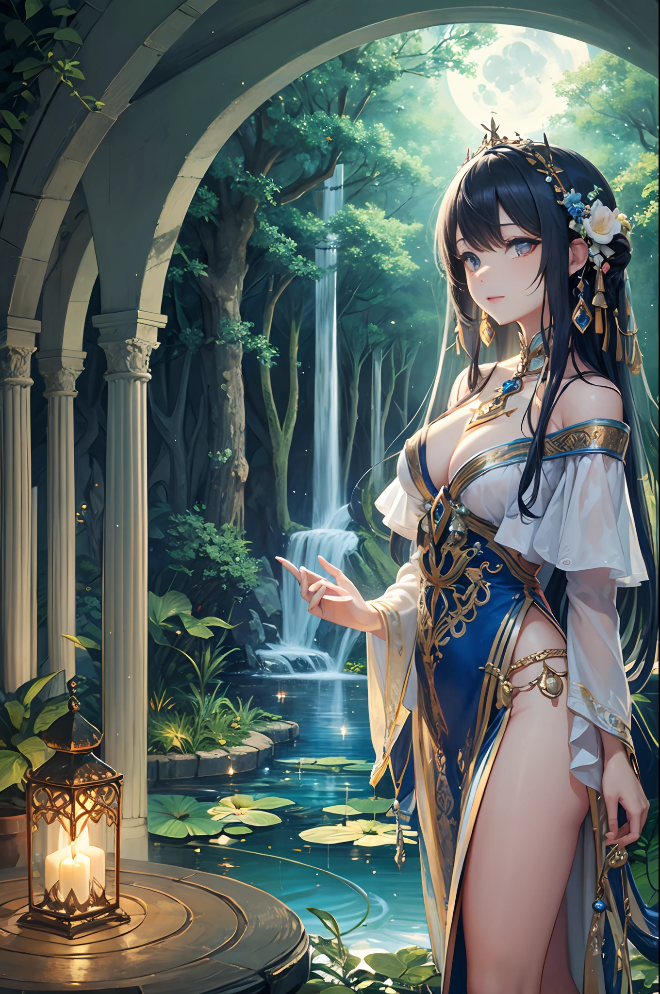 "Moonlit beautyful priestess, tropical oasis, magical pond, nocturnal mysteries, ethereal enchantment"