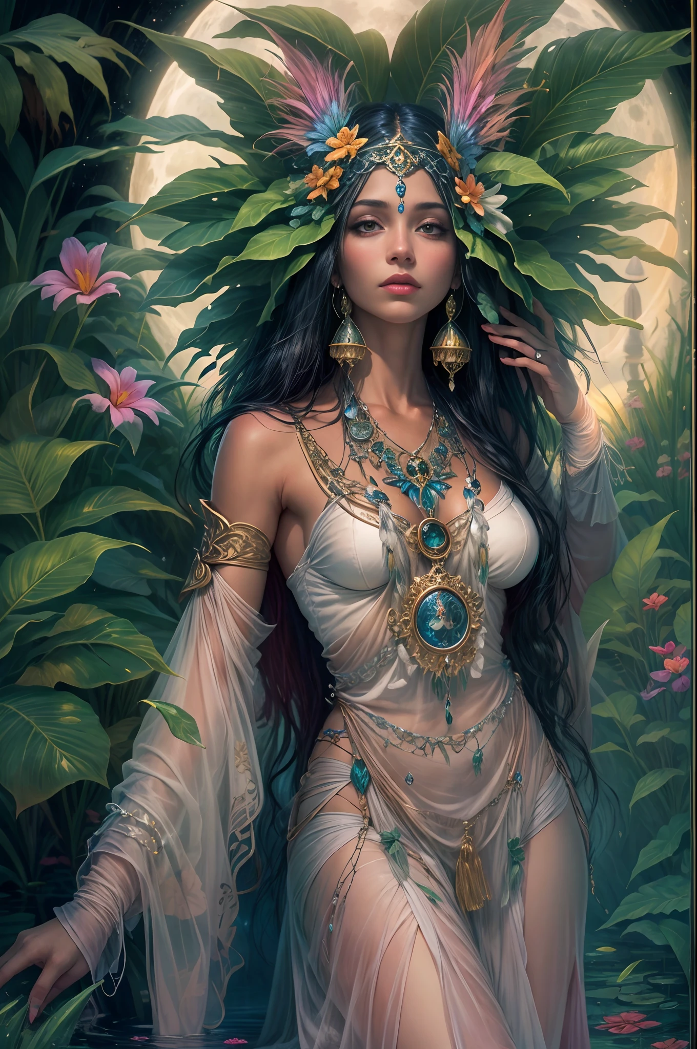 "Moonlit priestess, tropical oasis, magical pond, nocturnal mysteries, ethereal enchantment"