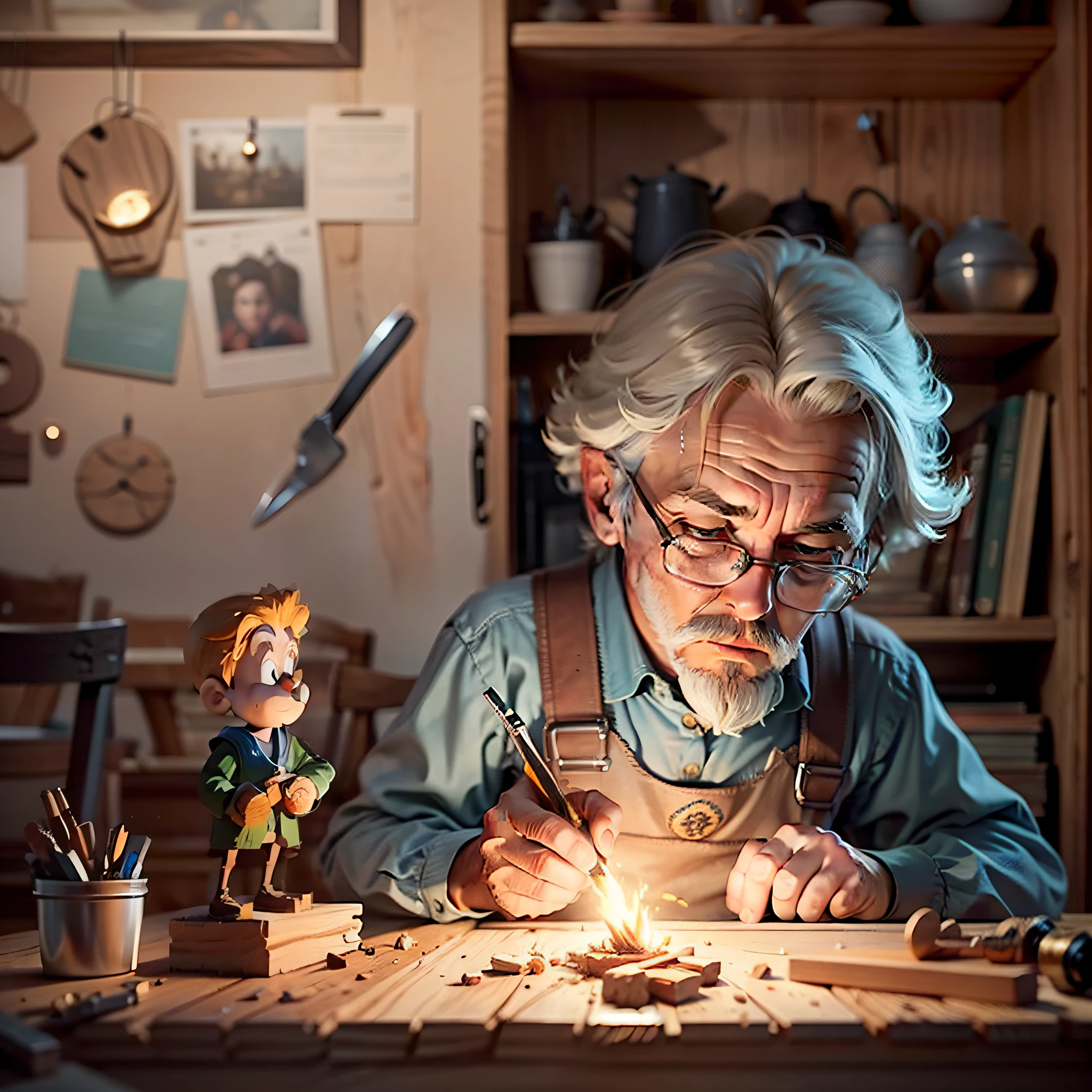 Create a captivating visual realistic, full HD, high quality for a woodworking advertisement inspired by the text below: ' The Geppetto Effect. Just as Geppetto carved life into Pinocchio, woodworking lets you bring life to your ideas. Craftsmanship is the ultimate transformation – from raw wood to cherished creation. Embrace the chisel and see your visions take shape. Become the Geppetto of your DIY dreams. Carve, shape, create.' the woodworking must be carving a wooden shapping as pinocchio. --auto --s2