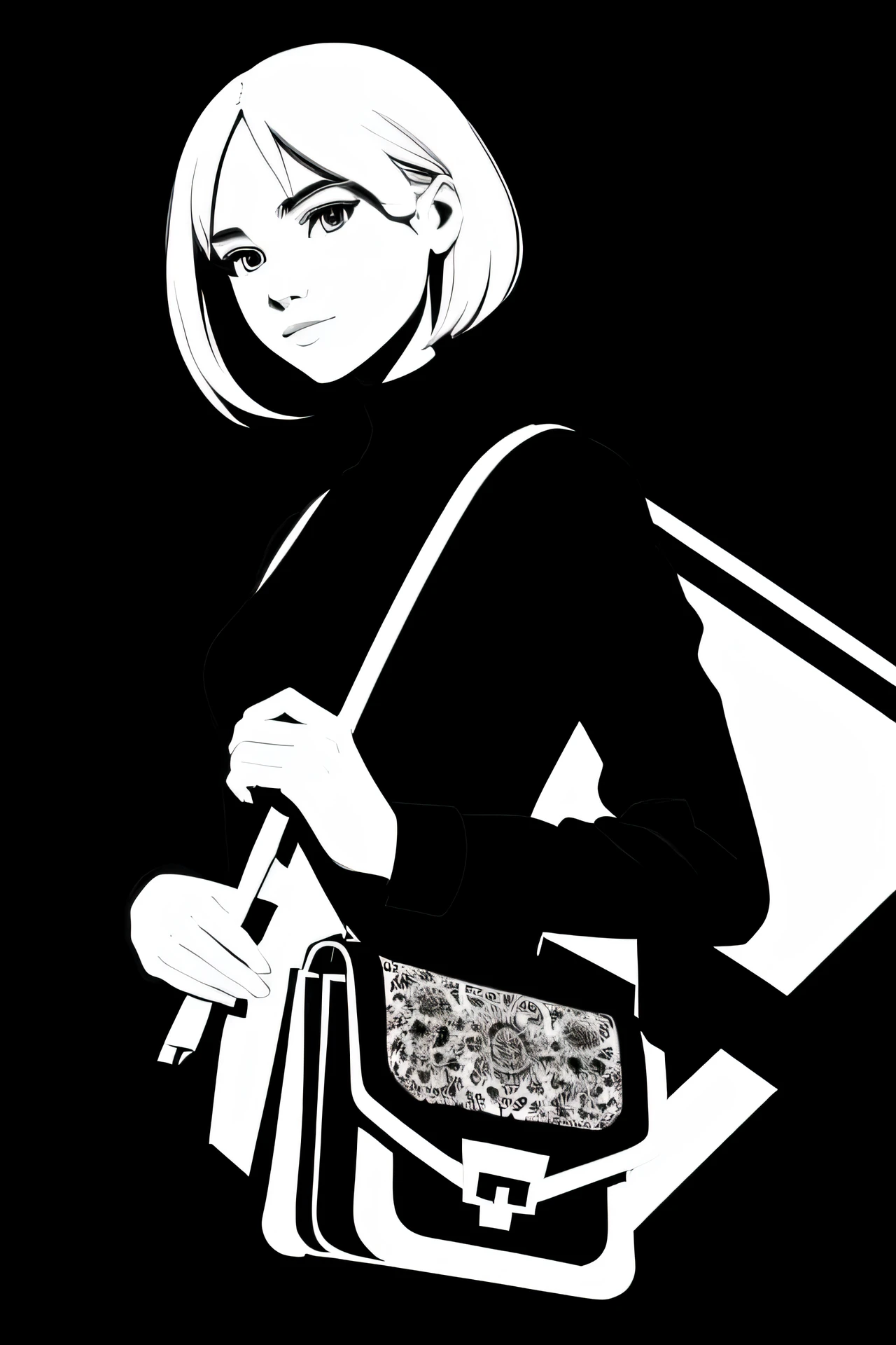 There's a young European woman, die neben einem Mann steht, holding a handbag, lineart inspiriert von Gao Cen, tumblr, Konzeptkunst, Black and white illustration, kontrastreiche Illustrationen, Offizielle Illustration, Erstellt mit Illustrator, Mode-Poster, Black and white vector illustration, Black and white style, 2b, 2 b, Illustration mit hohem Kontrast, Black and White Vector, minimalistische Illustration