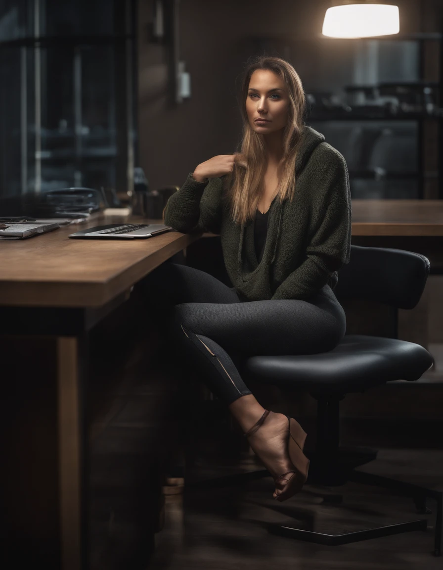 girl in leggings, stilettos and hoodie, sitting on top of a desk
