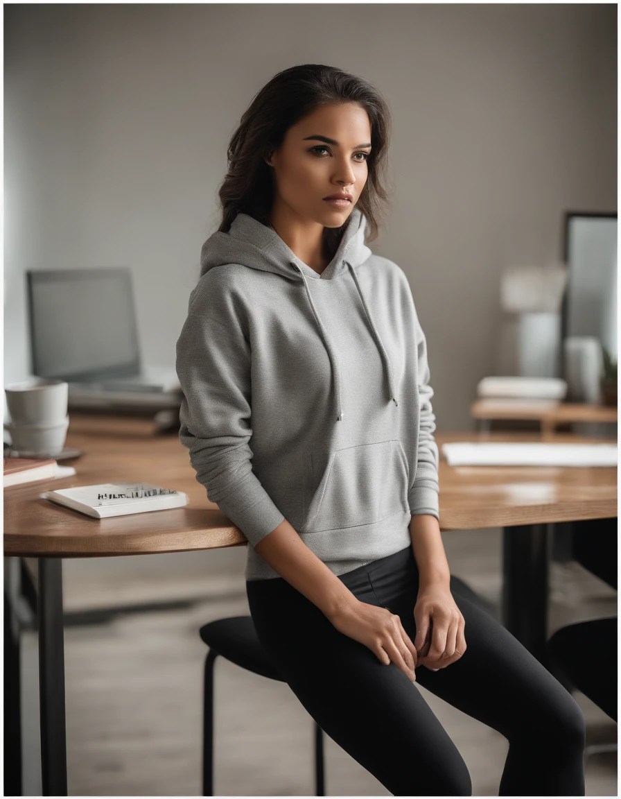 girl in leggings, stilettos and hoodie, sitting on top of a desk