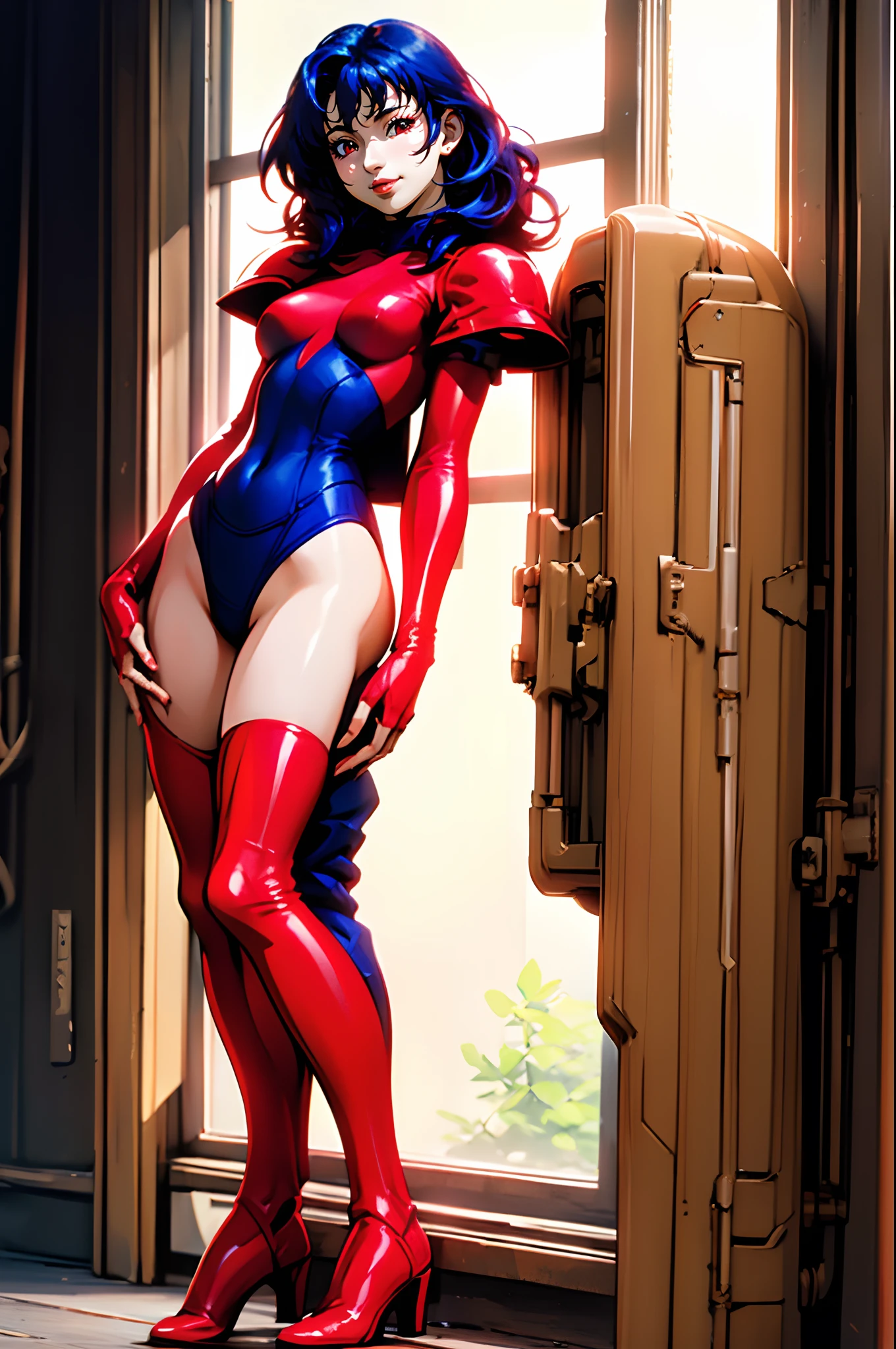 leotard, calm facial exprecion, blue hair, red eye, leotard, big shoulders, sleeves, medium breast, boots, long hair, skirt, smile, half lips stic inferion lip, red lipstic, long hair, messy hair, smile, ong hair, standing solo, full body, boots,