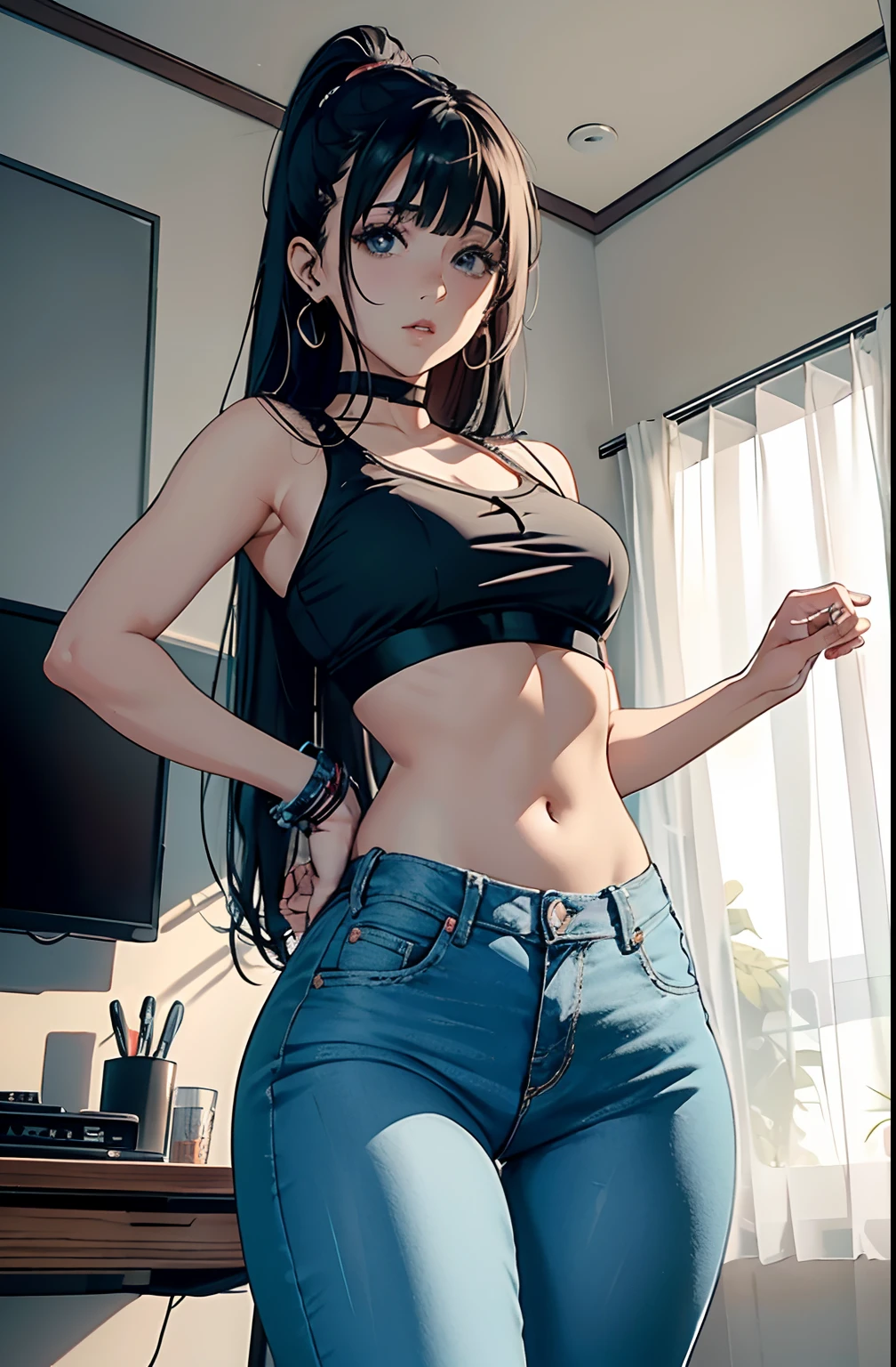 (Hinata Hyuga, muito sensual, com roupas apertadas, bunda grande, pernas grossas, Wearing extremely tight jeans, usando uma mini blusa, umbigo com pirsing, cabelo grande, Speaker behind, muito realista, extremamente sexy, 8k, 8k extremamente detalhado), (um extremamente delicado e bonito), (obra-prima), (melhor qualidade: 1.0), (ultra highres:1.0)