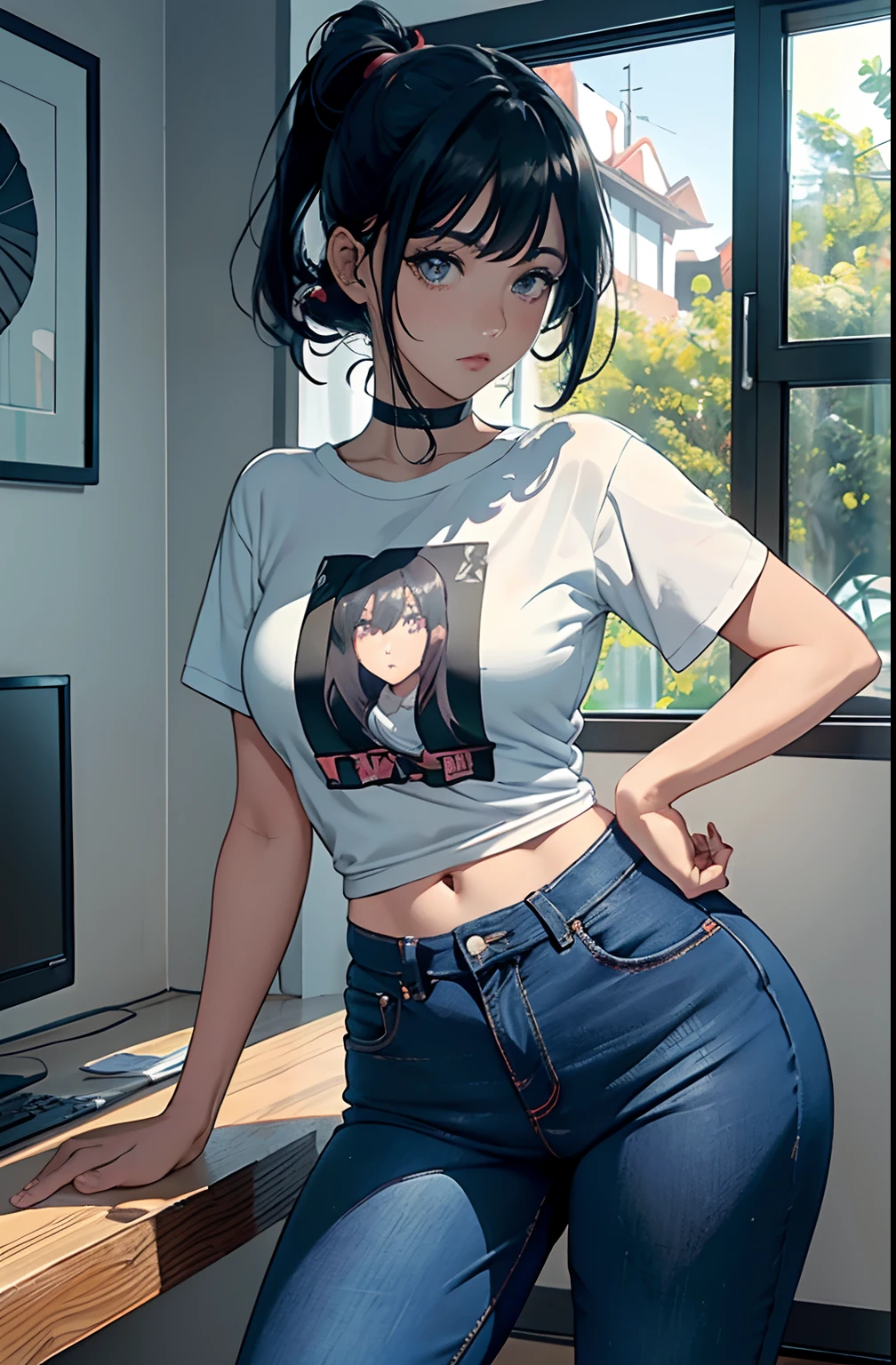 (Hinata Hyuga, muito sensual, com roupas apertadas, bunda grande, pernas grossas, Wearing extremely tight jeans, usando uma mini blusa, umbigo com pirsing, cabelo grande, Speaker behind, muito realista, extremamente sexy, 8k, 8k extremamente detalhado), (um extremamente delicado e bonito), (obra-prima), (melhor qualidade: 1.0), (ultra highres:1.0)