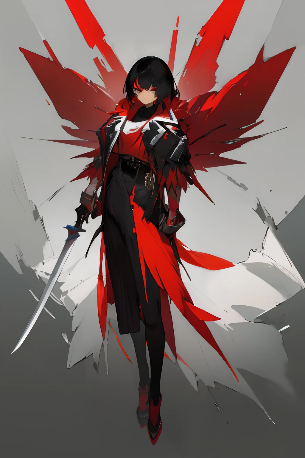 tmasterpiece，top Quority，best qualtiy，Red Heavy Bright Bird，Full body display，Modern clothing，one-girl，Black color hair，Serious eyes，Holding a heavy blade in his hand，Anime character design，pretty anime character design，