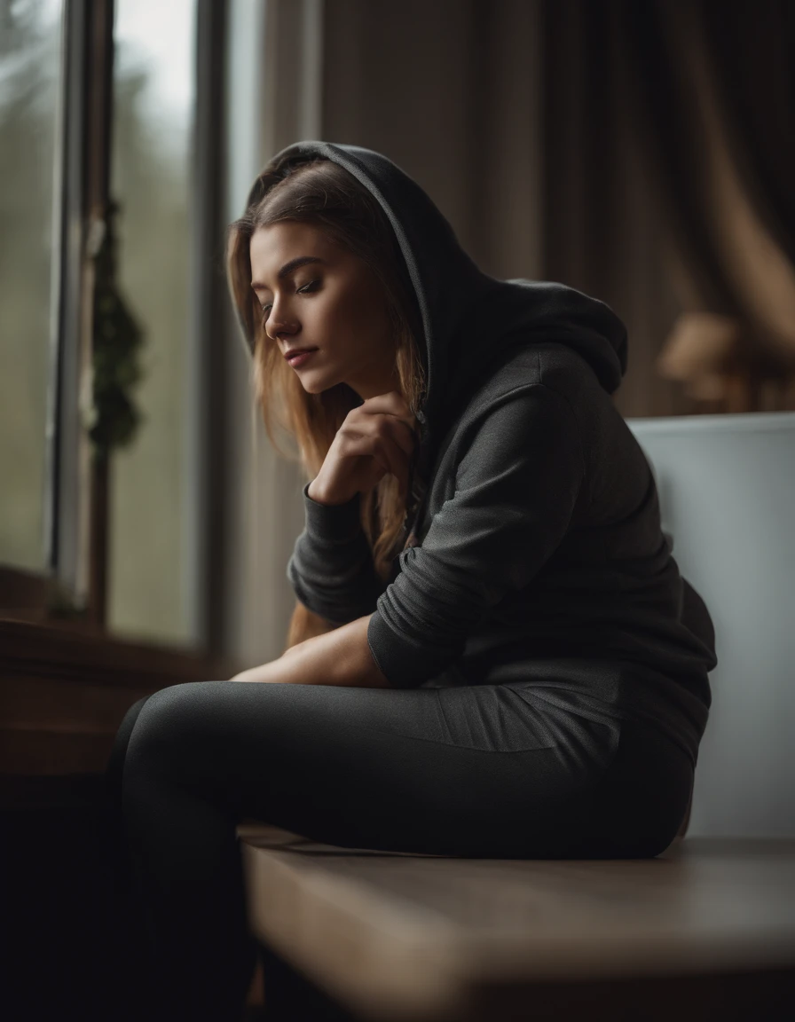 girl in leggings, stilettos and hoodie, leaning butt on top of a desk