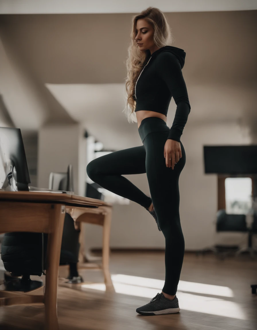 girl in leggings, stilettos and hoodie, leaning butt on top of a desk