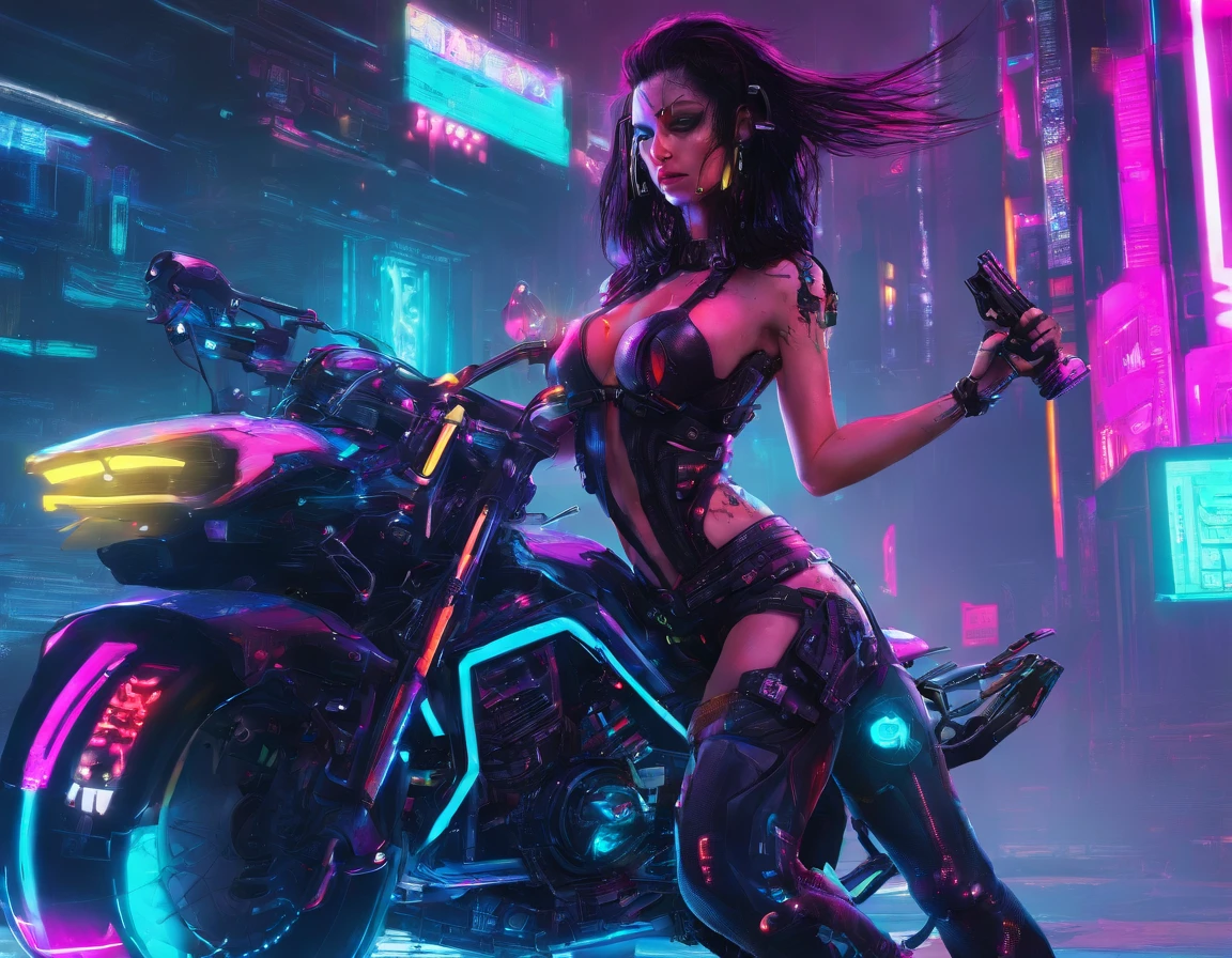 Cyberpunk-style motorcycle, sexy female raider, half naked, black hair, big boobs, high heels, cybernetic implants, pistol in hand
