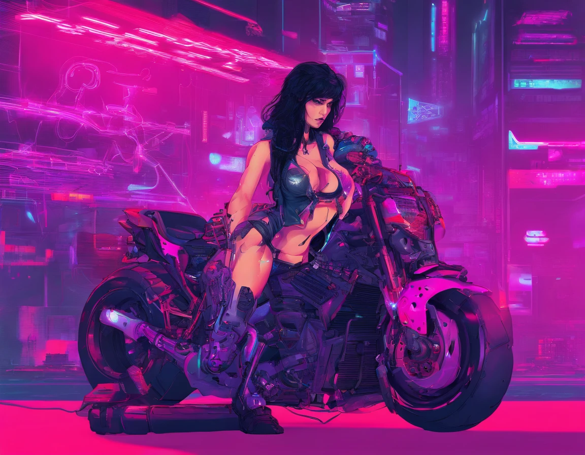 Cyberpunk-style motorcycle, ???? female raider, ??????????, black hair, big ?????, high heels, cybernetic implants, pistol in hand