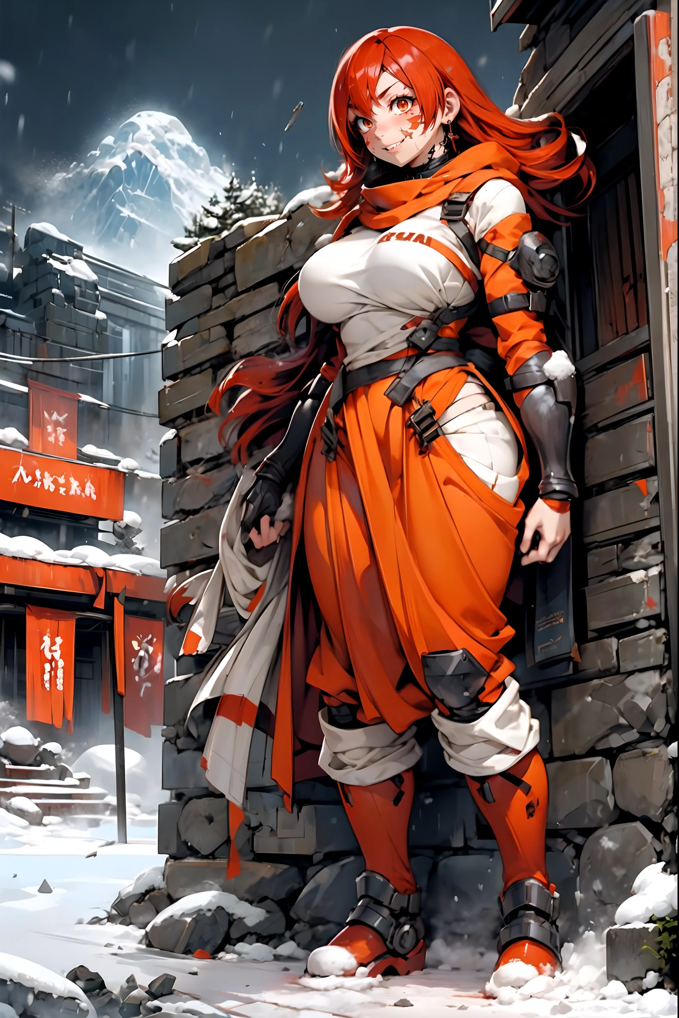 lava, red hair, orange eyes, adventurer cloths, big breast, smile, facial mark, long hair, standing solo, full body, boots, sharpteeth, tundra snow, ruins, temples