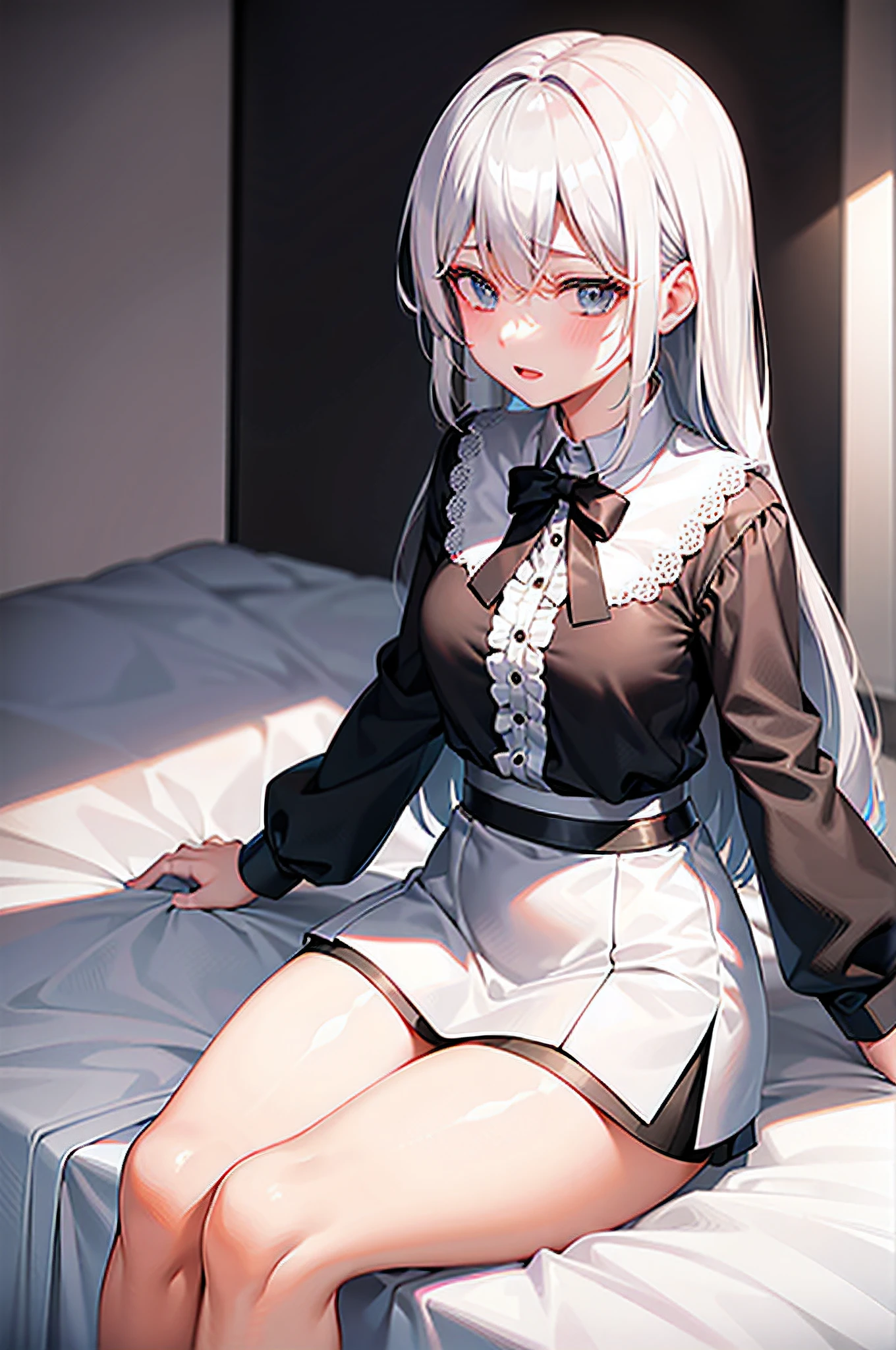 (Best quality at best,A high resolution,beautidful eyes,white lighting:1.2),((Squinted eyes)ssmile),Golden cat eyes,look out the window,Long gray hair,White hair,Cat ears,startup,Black shoes,blush blush,sitted,longer sleeves,through bangs,Open your lips,White hair,Straight dress,knees,White dress,frilld,Maid skirt,upper legs