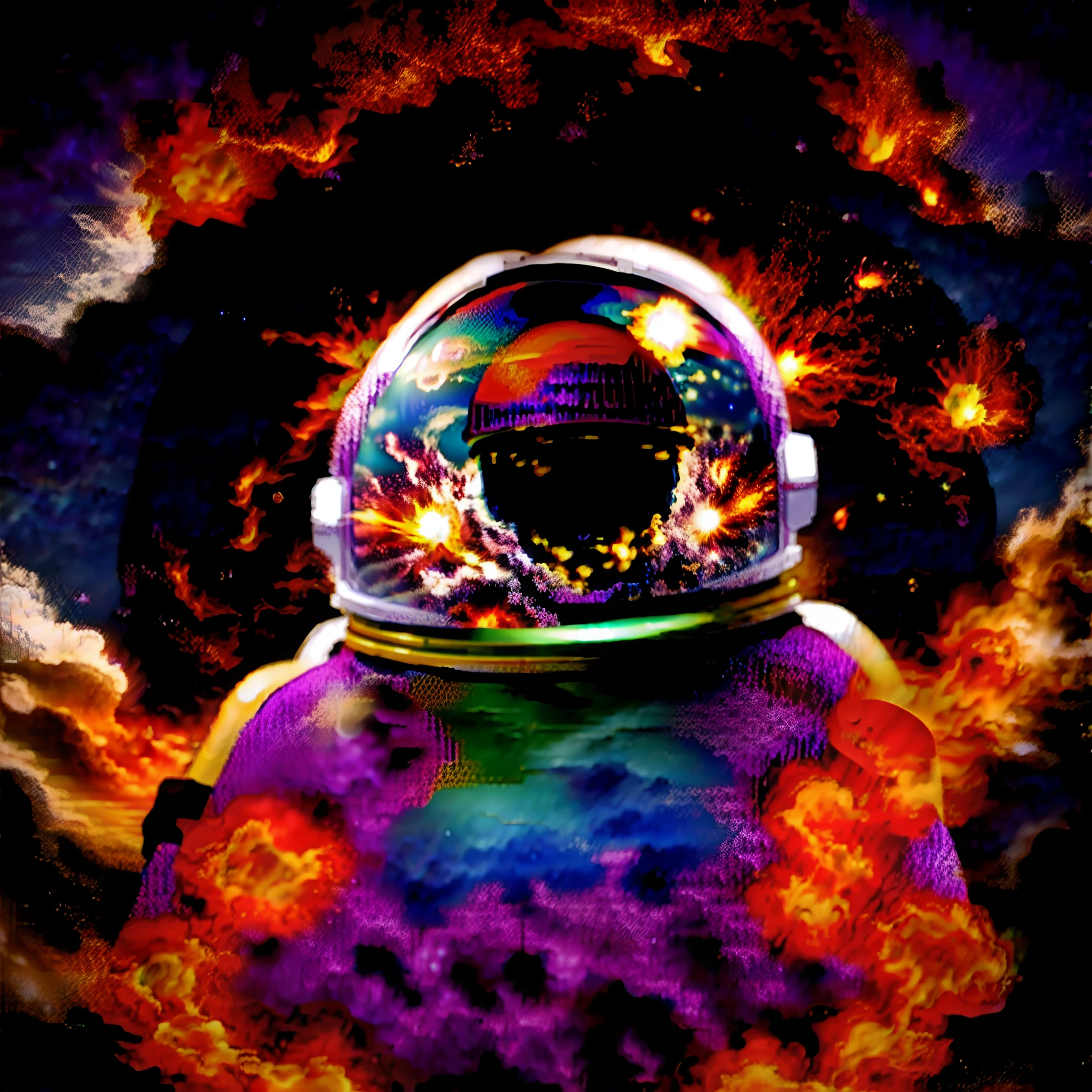 Astronaut floating in space blurry face earth exploding behind 16:16