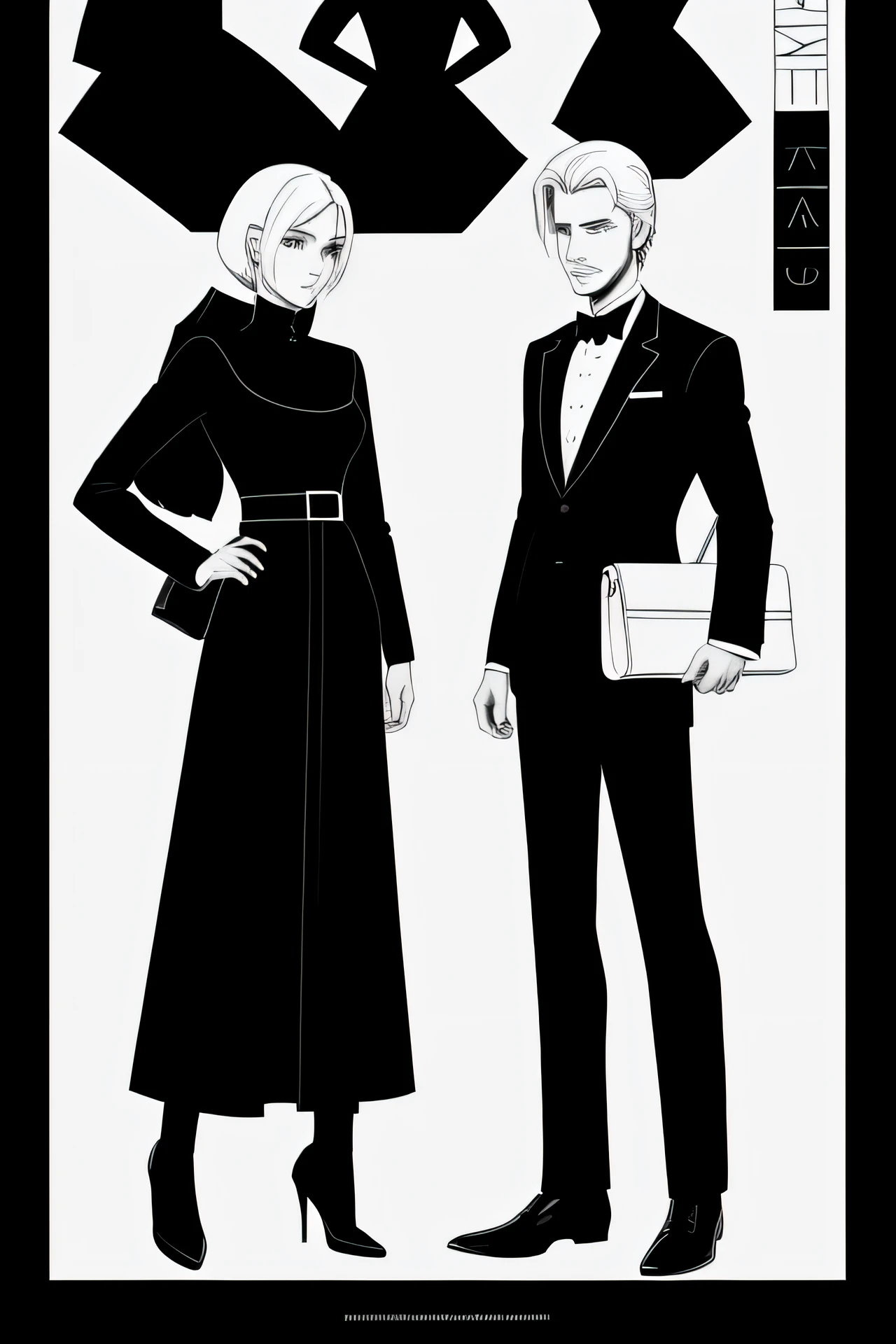 Da ist eine Frau, die neben einem Mann steht, holding a handbag, lineart inspiriert von Gao Cen, tumblr, Konzeptkunst, Black and white illustration, kontrastreiche Illustrationen, Offizielle Illustration, Erstellt mit Illustrator, Mode-Poster, Black and white vector illustration, Black and white style, 2b, 2 b, Illustration mit hohem Kontrast, Black and White Vector, minimalistische Illustration --auto