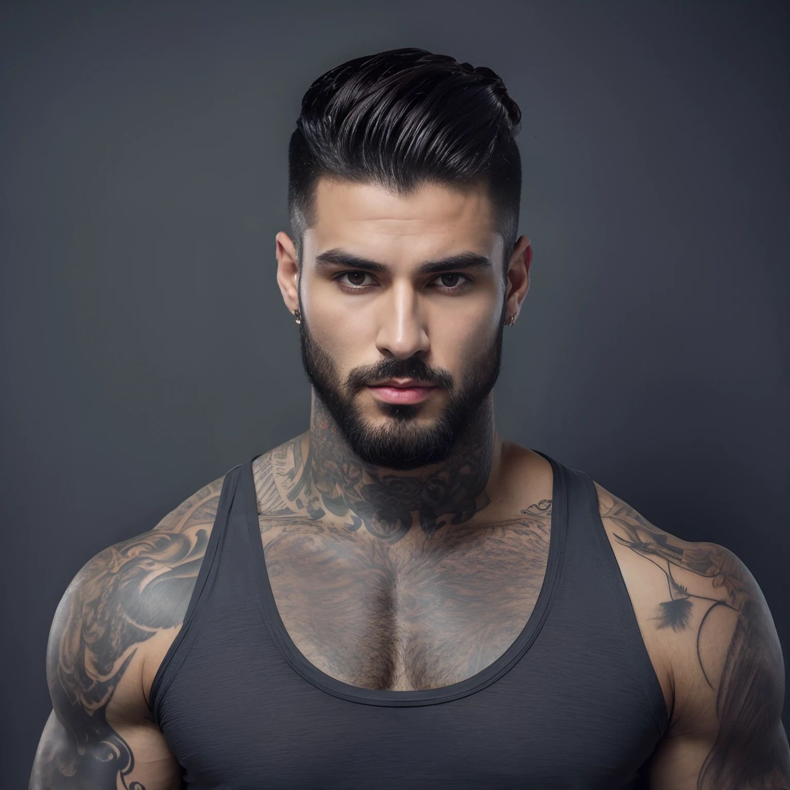 masterpiece, best quality, high resolution, closeup portrait, male focus, with revealing underwear, bare chest, body hair, facial hair, tattoos skinny, fit body, very hairy chest, very hairy legs, mustache, model pose, in the background museum, amazing composition, front view, HDR, ultra quality, elegant, highly detailed