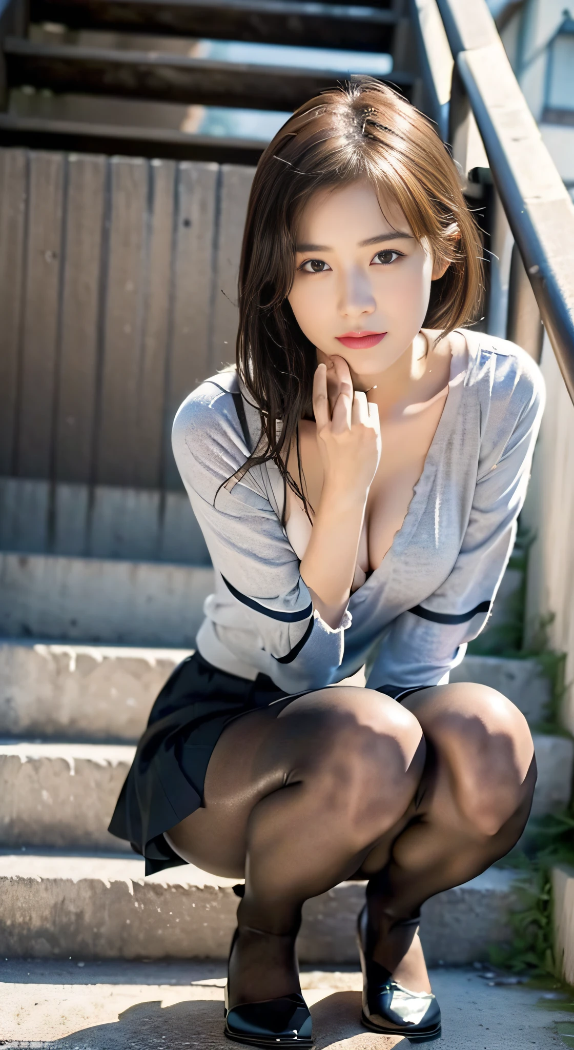 (((32k,high detal,high-detail、masterpiece,Attention to detail,full body Esbian,独奏))),Raw photo & realistic atmosphere,beautiful dark blue eyes,Detailed mouth,Glossy lips,Detailed eyebrows,Eyes drawn in detail with soft white skin that shines in every detail、azure eyes,Very beautiful eyes,Detailed lips、Very beautiful face,Very well-formed face、Lifelike face,shiny beautiful lips, Realistic Young Gravure Idol, very beautiful school girl, ,Moderately beautiful, Young Sensual Gravure Idol, Young Gravure Idol, Beautiful, Cute and sexy15 year old schoolgirl,the whole body is wet,dripped out,with a flushed face,Incredibly beautiful15-year-old girl,short-cut,Brown shiny hair,Hair is wet,Dripping water,dripping,Crouching on the stairs with your legs open,(Black pantyhose,Beautiful fece,Looking at the camera:1.4),(Cross your legs in black pantyhose,The chest of the uniform is open,darkness,Very dark,Pitch-black staircase without street lights,Illuminate the subject with a flashlight,spot light:1.7),(A sexy,Slightly chubby,High Detail Hi-Vision Hi-Vision Japan Hi-Vision Girl Uniform,well-shaped breasts,,Mature body, I'm anxious and about to cry,Moist eyes,cold smile,glareing,The glaring face is also beautiful:1.5),(Open your legs randomly:1.7)