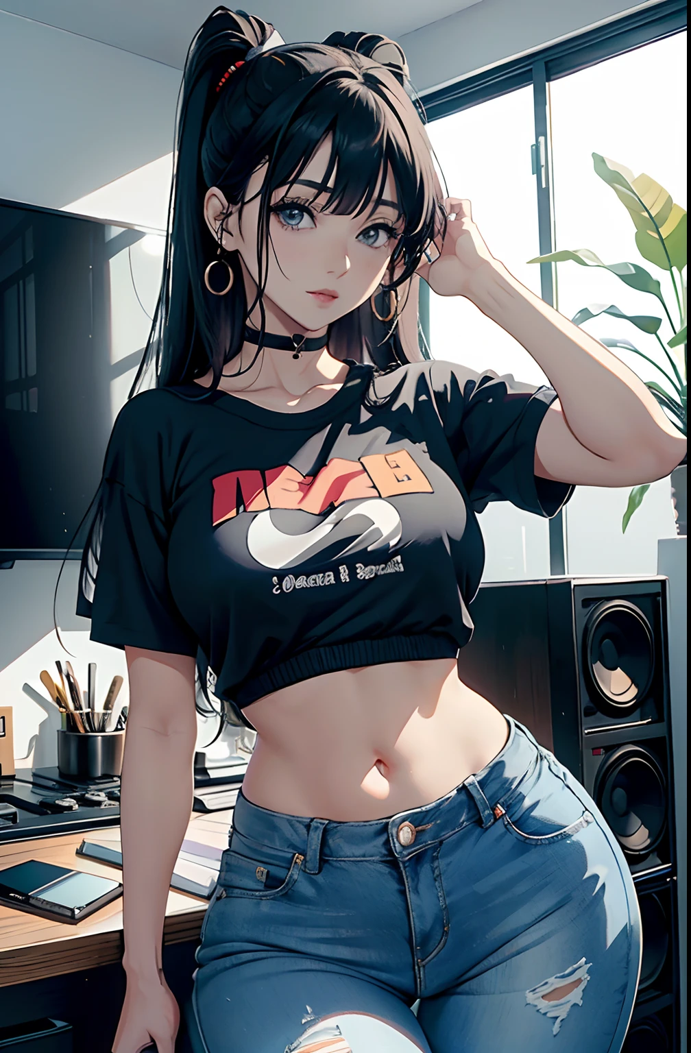 (Hinata Hyuga, muito sensual, com roupas apertadas, bunda grande, pernas grossas, Wearing extremely tight jeans, usando uma mini blusa, umbigo com pirsing, cabelo grande, Speaker behind, muito realista, extremamente sexy, 8k, 8k extremamente detalhado), (um extremamente delicado e bonito), (obra-prima), (melhor qualidade: 1.0), (ultra highres:1.0)