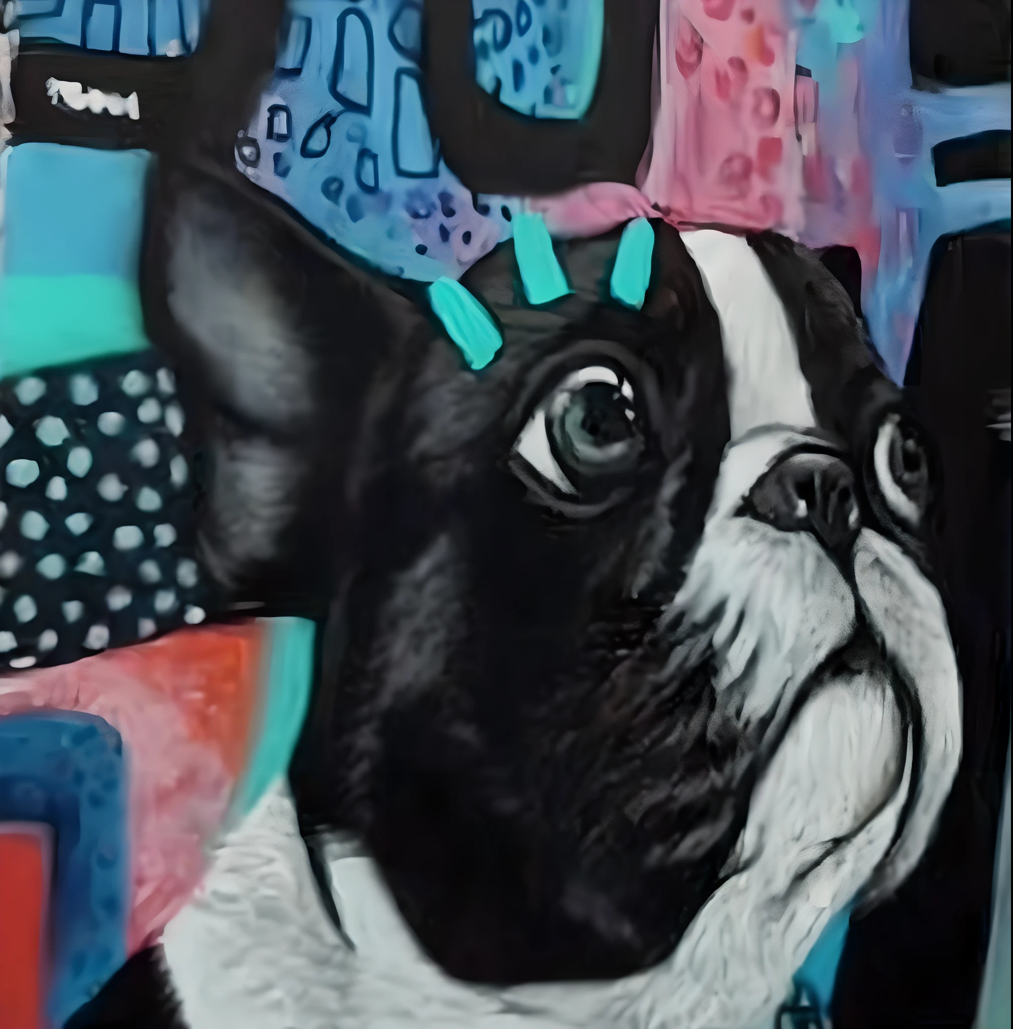 Painting of a dog with a bow on its head, painting of cute dog, OMG, Directed by: Emma Rios, french bulldog, retrato close up, muitos detalhes, Detalhes adicionais, Directed by: Max Buri, fashionable, Directed by: Tony Szczudlo, Altamente detalhado, por Elena Teacher, atordoante, fechar detalhes, pintura detalhada, Bullies