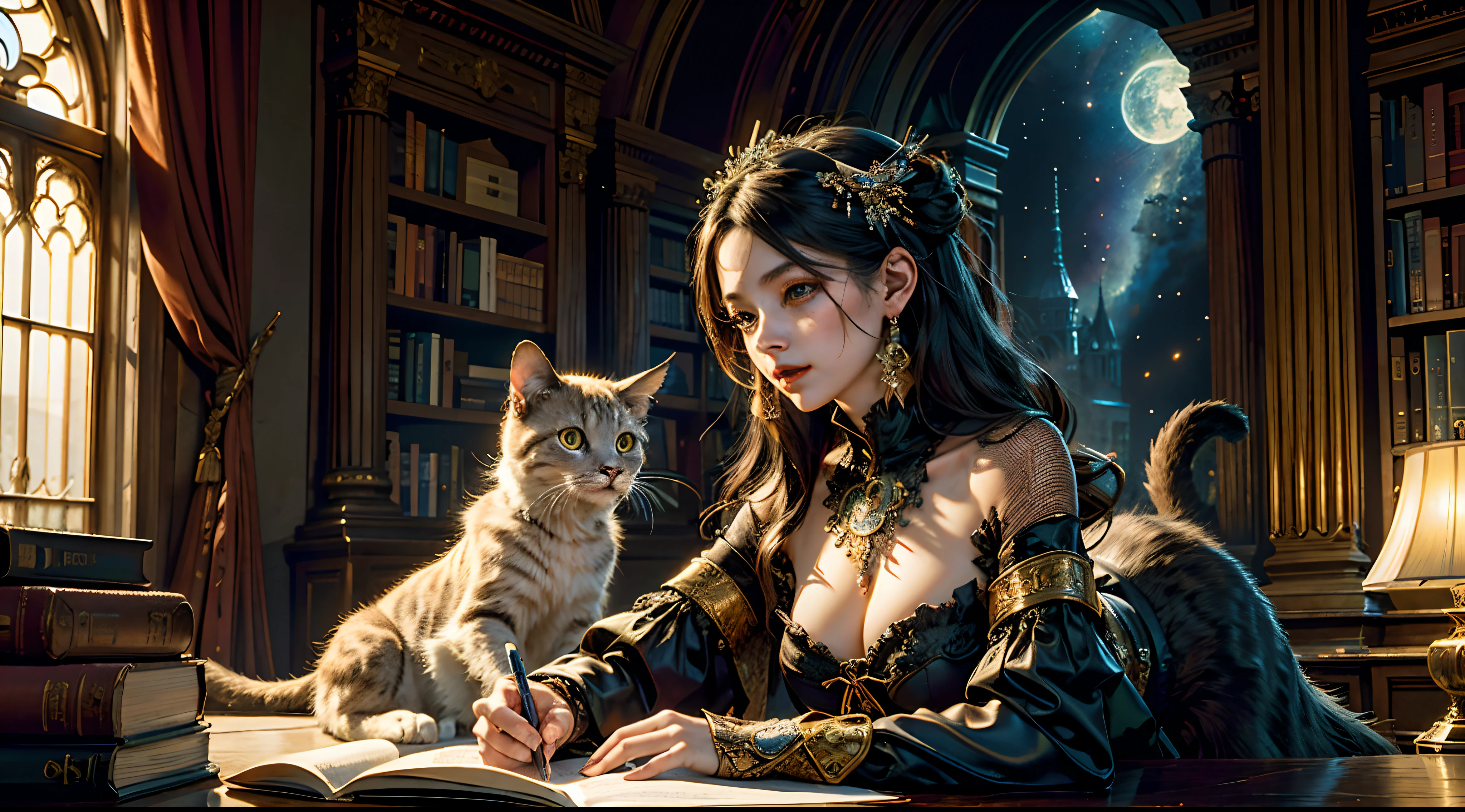 (masterpiece, top quality, best quality, official art, beautiful and aesthetic:1.2), (1girl), extreme detailed,(fractal art:1.3), ((1girl)), highest detailed, woman and cats in a cosy library