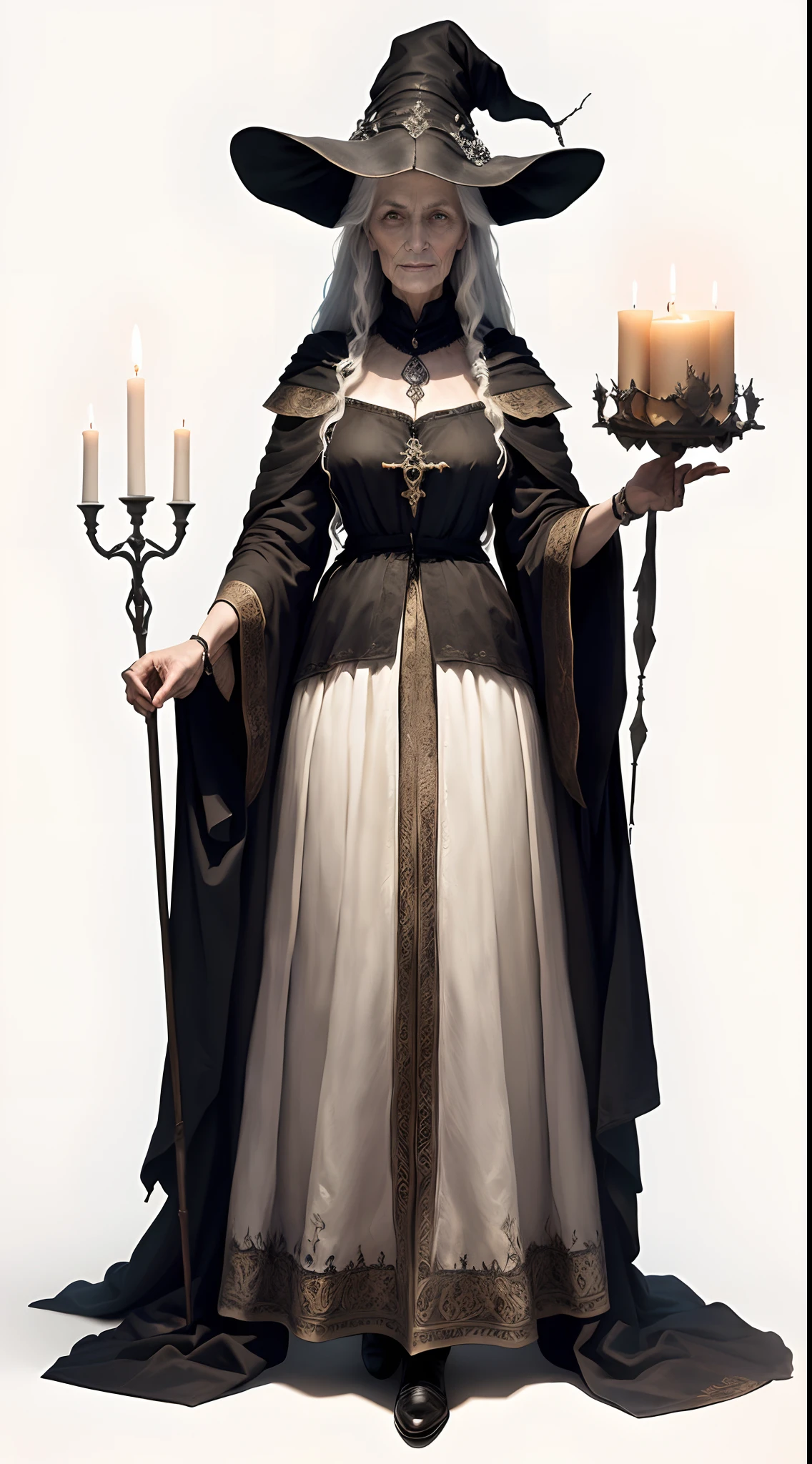 full body of a single medieval old witch on a white background