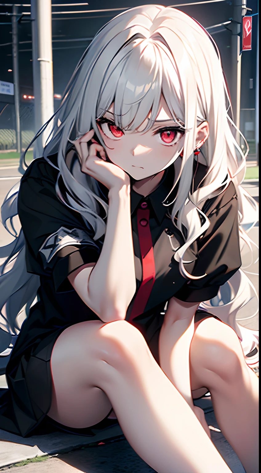 teens girl，Red earrings，miss，((A handsome young))), ((Black short sleeves:1.5)), 《black short skirt：1.5》（black sock），(luminous red eyes),（Slender body），((((wavy white long hair:1.1))), ((dark circles))，\\(face expressionless\\（Tired expression),《Miserable white skin》，White shiny bangs，Shiny hair，flatchest，Sit on the ground with your legs crossed