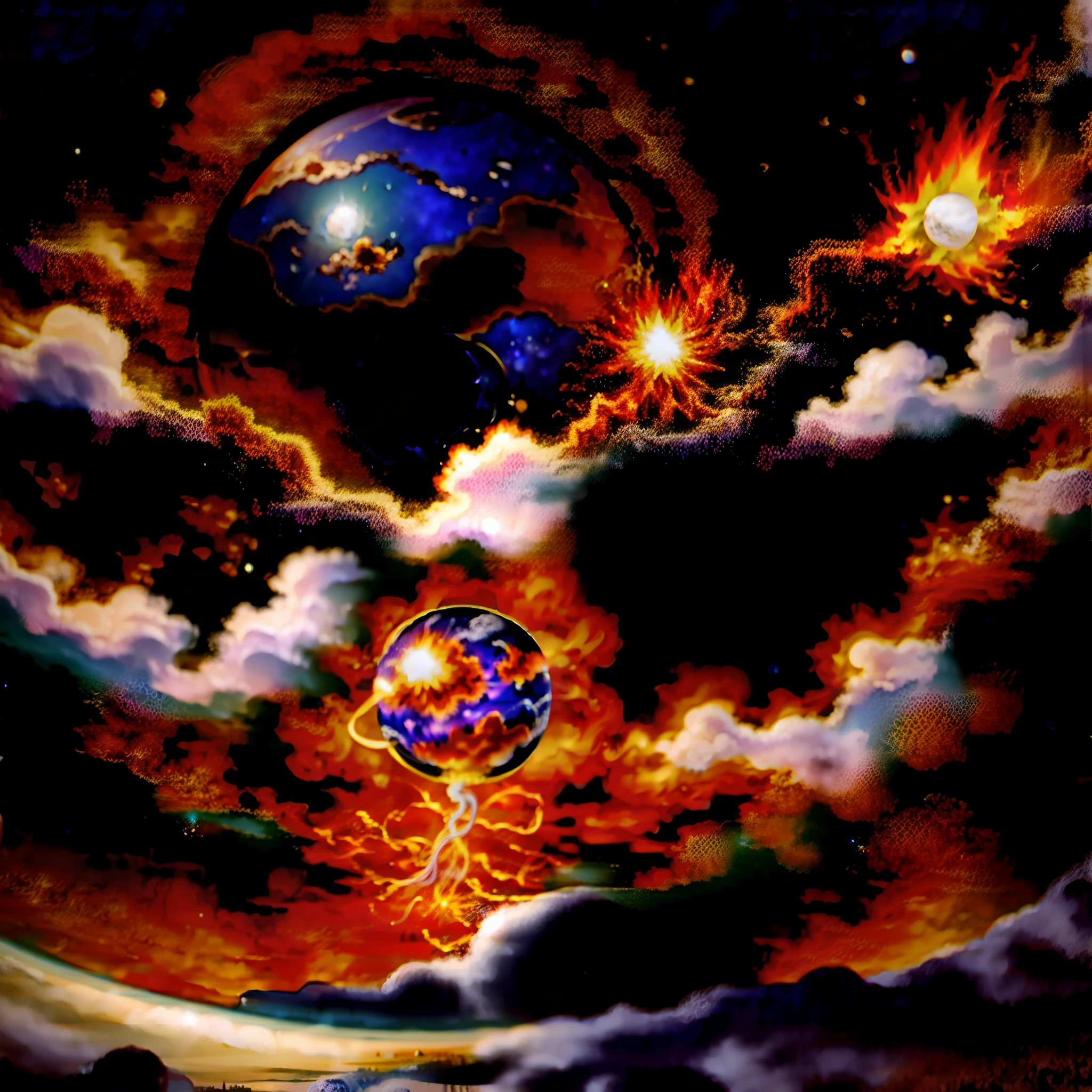 Astronaut floating in space blurry face earth exploding behind 16:16