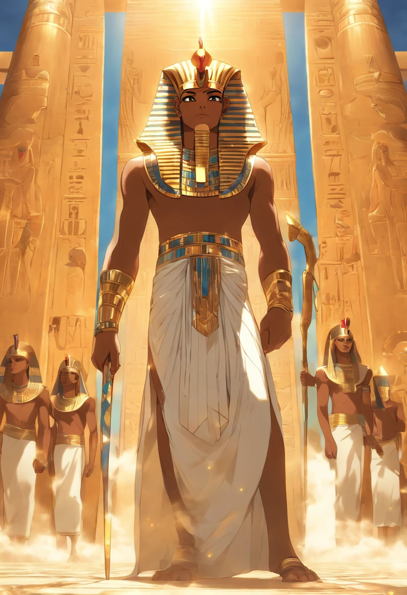 (((Ptah god pharaoh))) best quality, very high resolution, 4K detailed CG, masterpiece, Egyptian mythology,Ptah,sunlight,craftsman god, Ancient Egypt, standing pose, white robe, Egyptian clothes, desert ,pyramidAncient Egypt, ((architect god)), aesthetic, beautiful image, centered on screen, standing pose