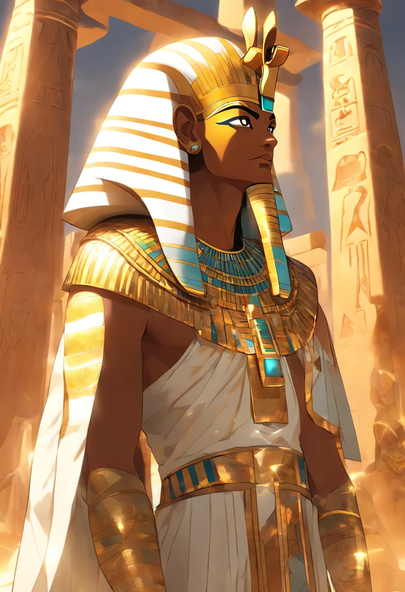 (((Ptah god pharaoh))) best quality, very high resolution, 4K detailed CG, masterpiece, Egyptian mythology,Ptah,sunlight,craftsman god, Ancient Egypt, standing pose, white robe, Egyptian clothes, desert ,pyramidAncient Egypt, ((architect god)), aesthetic, beautiful image, centered on screen, standing pose