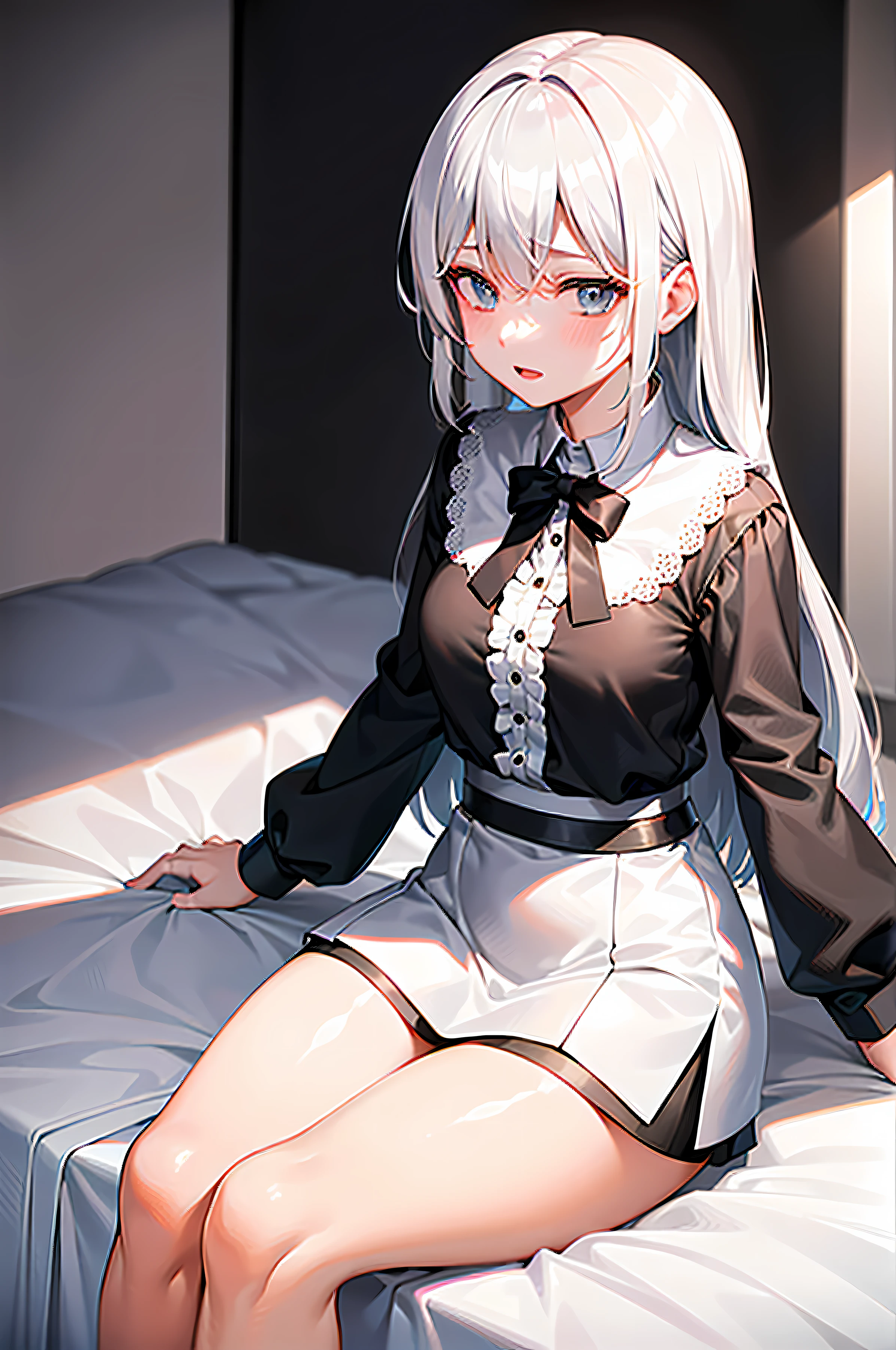 best qualtiy,超高分辨率,one-girl,white button-down blouse,black short skirt,white silk stocking,adolable,is shy,(Platinum blonde hair:1),((puffy eye)),Sit on your side on the bed