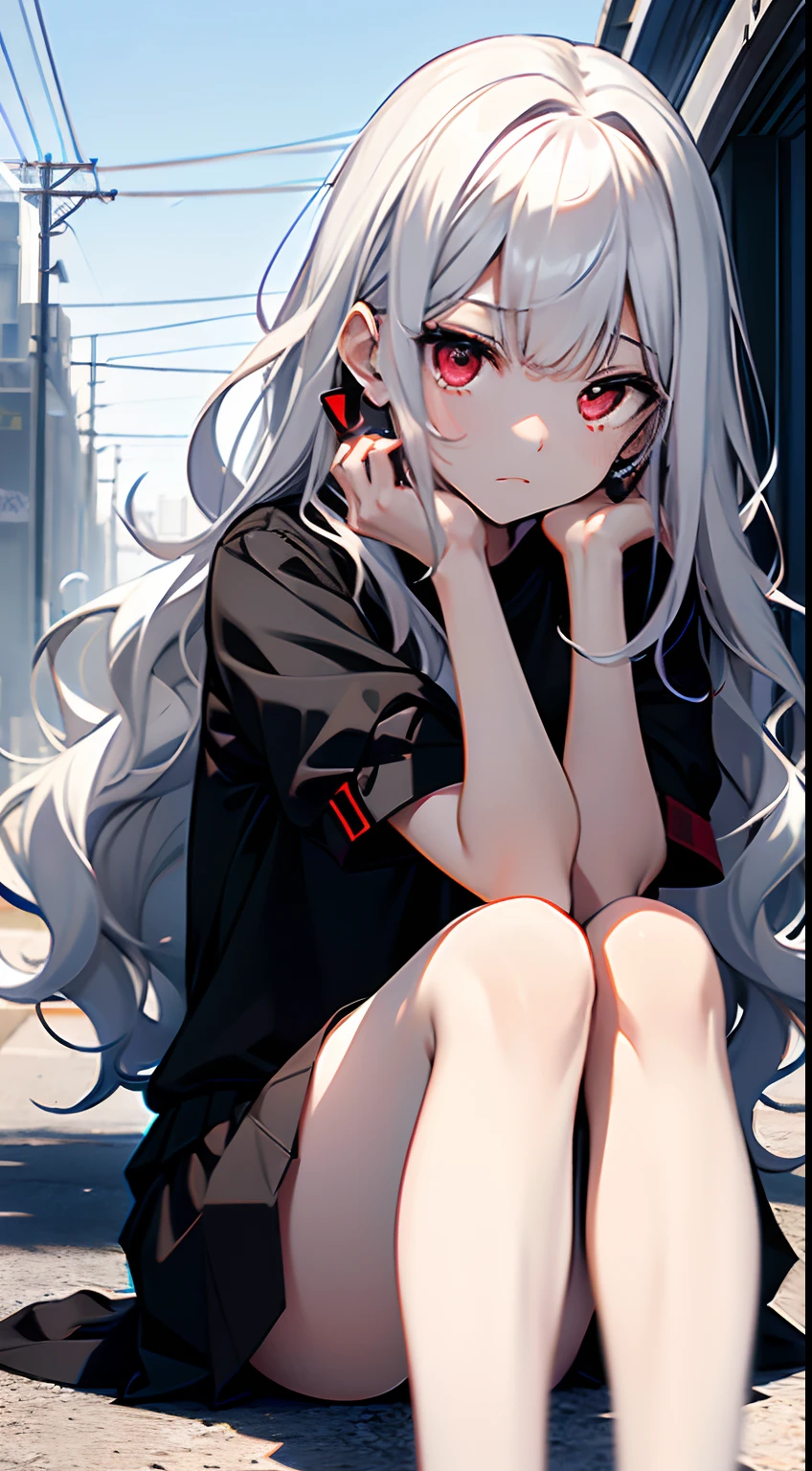 teens girl,Red earrings,miss,((A handsome young))), ((Black short sleeves:1.5)), 《black short skirt:1.5》(black sock),(luminous red eyes),(Slender body),((((wavy white long hair:1.1))), ((dark circles)),\\(face expressionless\\(Tired expression),《Miserable white skin》,White shiny bangs,Shiny hair,flatchest,Sit on the ground with your legs crossed