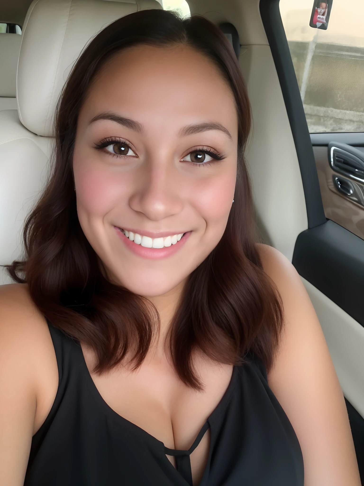 smiling woman in a car with a black top and a black bra, headshot profile picture, 30 years old woman, 3 0 years old woman, selfie of a young woman, 1 / 2 headshot, happily smiling at the camera, 8k selfie photograph, smiling and looking directly, 1 / 4 headshot, headshot photo, big smile on her face, High quality image, masterpiece, detailed hair texture, detailed skin texture, detailed cloth texture, 8k, add fabric details, ultra detailed skin texture, ultra detailed photo, skin pores, cloth details, high skin details, realistic hair details