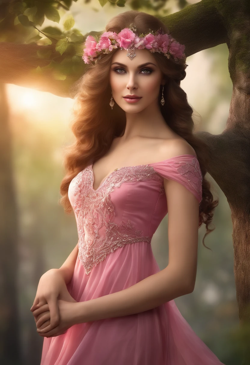 a woman in a pink dress is standing in front of a tree, a beautiful fantasy empress, beautiful and elegant elf queen, ((a beautiful fantasy empress)), beautiful elven princess, alluring elf princess knight, beautiful fantasy maiden, elven princess, ethereal beauty, beautiful fantasy art, beautiful and elegant female elf, very beautiful elven top model, fantasy art style