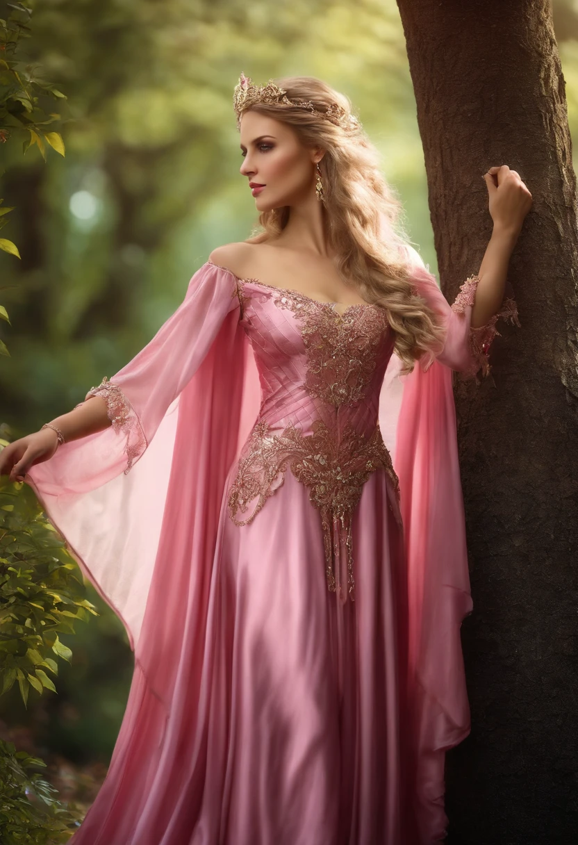 a woman in a pink dress is standing in front of a tree, a beautiful fantasy empress, beautiful and elegant elf queen, ((a beautiful fantasy empress)), beautiful elven princess, alluring elf princess knight, beautiful fantasy maiden, elven princess, ethereal beauty, beautiful fantasy art, beautiful and elegant female elf, very beautiful elven top model, fantasy art style