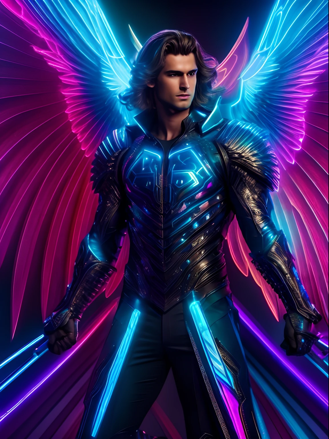 Neon fractal hologram of a handsome archangel, lawrencium lights, dynamic action poses, highly detailed