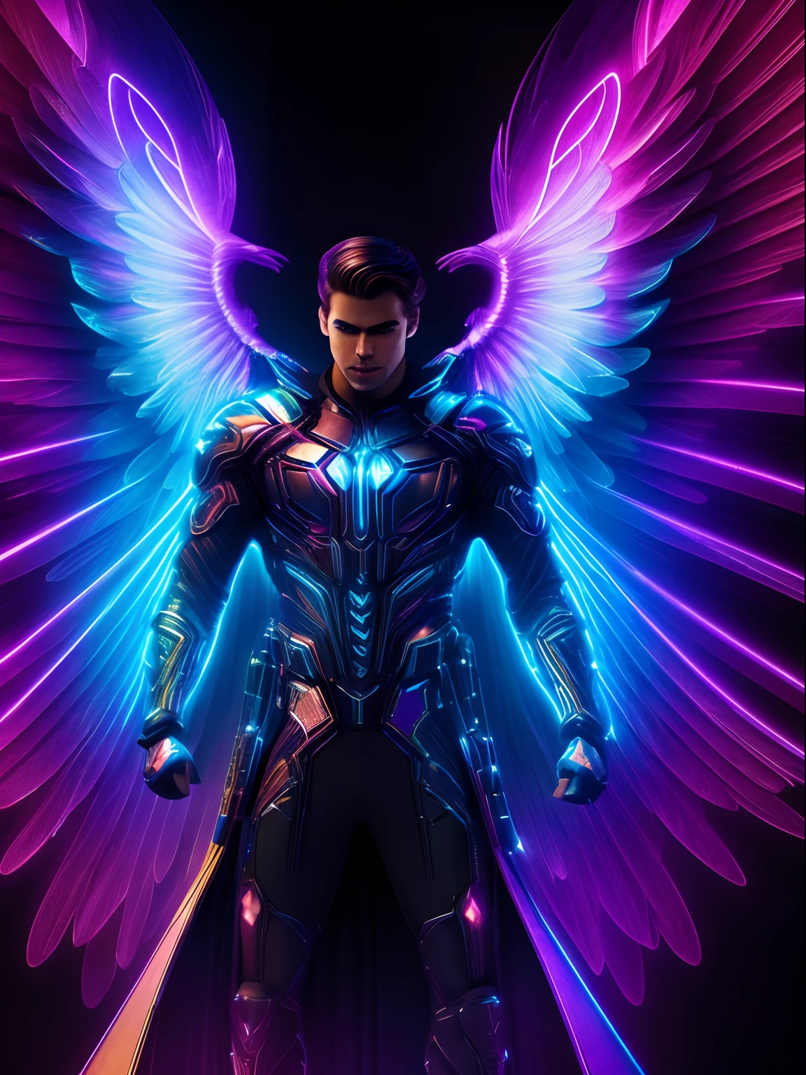 Neon fractal hologram of a handsome archangel, lawrencium lights, dynamic action poses, highly detailed