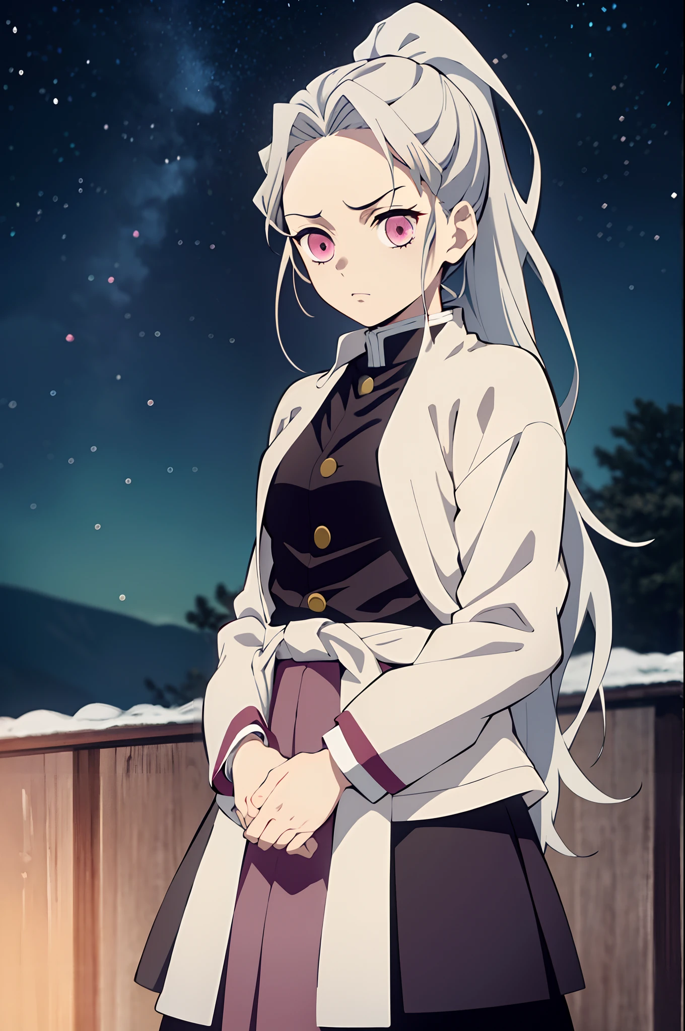 kimetsu no yaiba style, 1girl, solo, light gray hair, ponytail, long hair, forehead, hair sidebangs, pink eyes, bags under eyes, , serious, neutral, small breasts, demon slayer uniform, black coat, button coat, capelet, upper body, looking at viewer, starry sky, night, scenery, constellations, masterpiece, best quality, 8k,