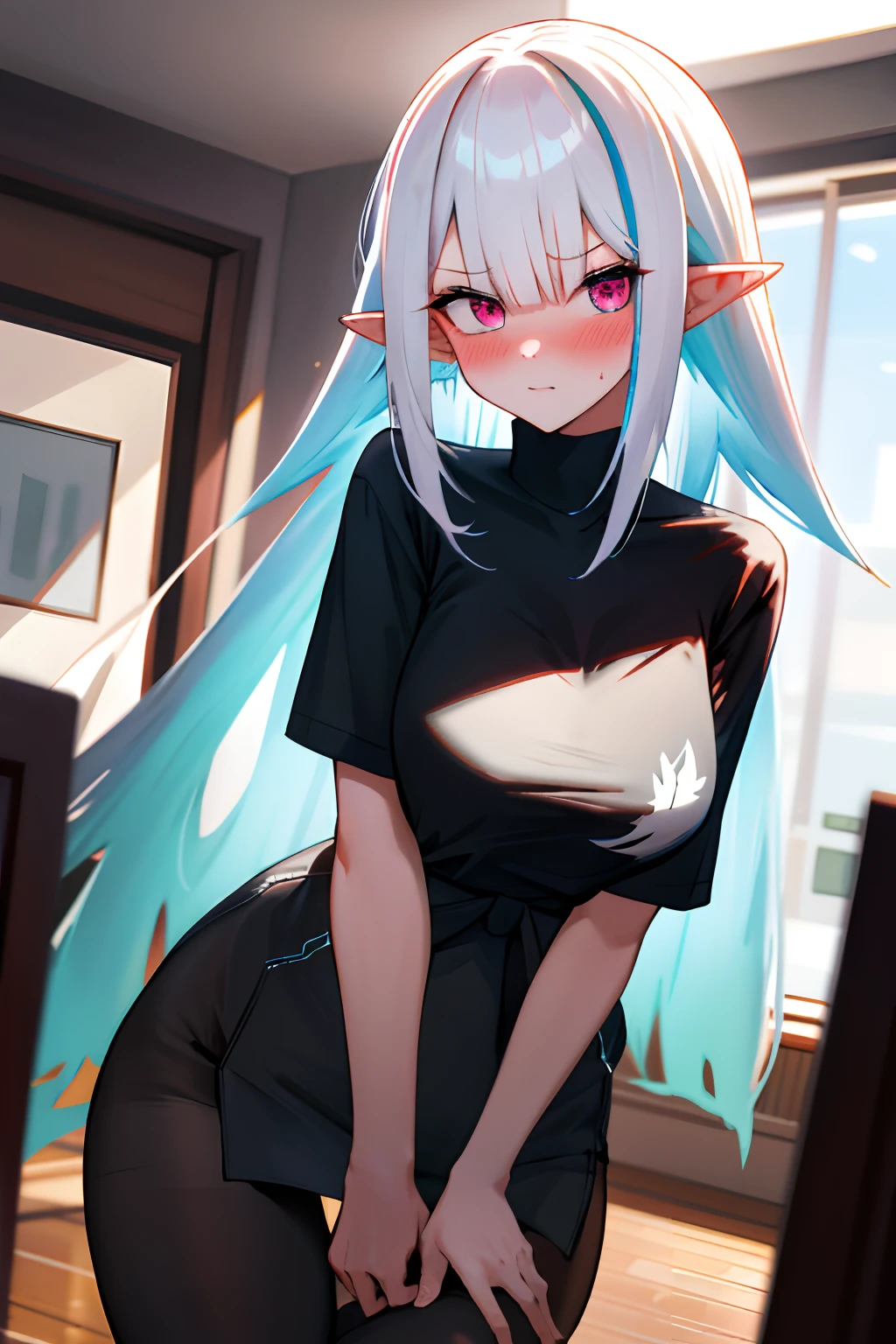 One girl with long hair, white hair, looking at viewer, embarrassed, flirting pose, seductive, blushing, oversized naked black t shirt, t shirt only, thigh, pointy ears, perfect waist, pantyhose, indoor,