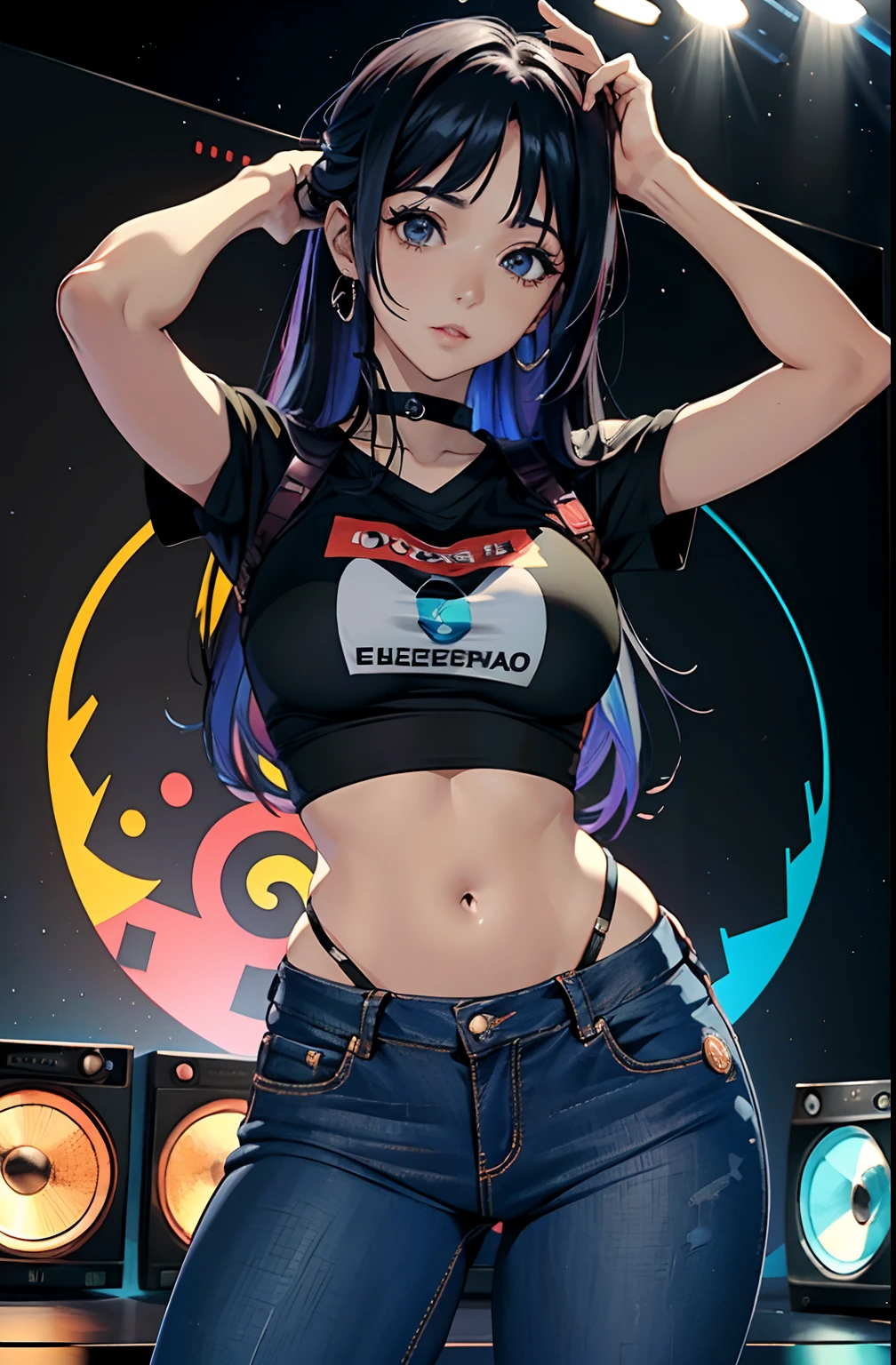 (Hinata Hyuga, muito sensual, com roupas apertadas, bunda grande, pernas grossas, Wearing extremely tight jeans, usando uma mini blusa, umbigo com pirsing, cabelo grande, Speaker behind, muito realista, extremamente sexy, 8k, 8k extremamente detalhado), (um extremamente delicado e bonito), (obra-prima), (melhor qualidade: 1.0), (ultra highres:1.0)