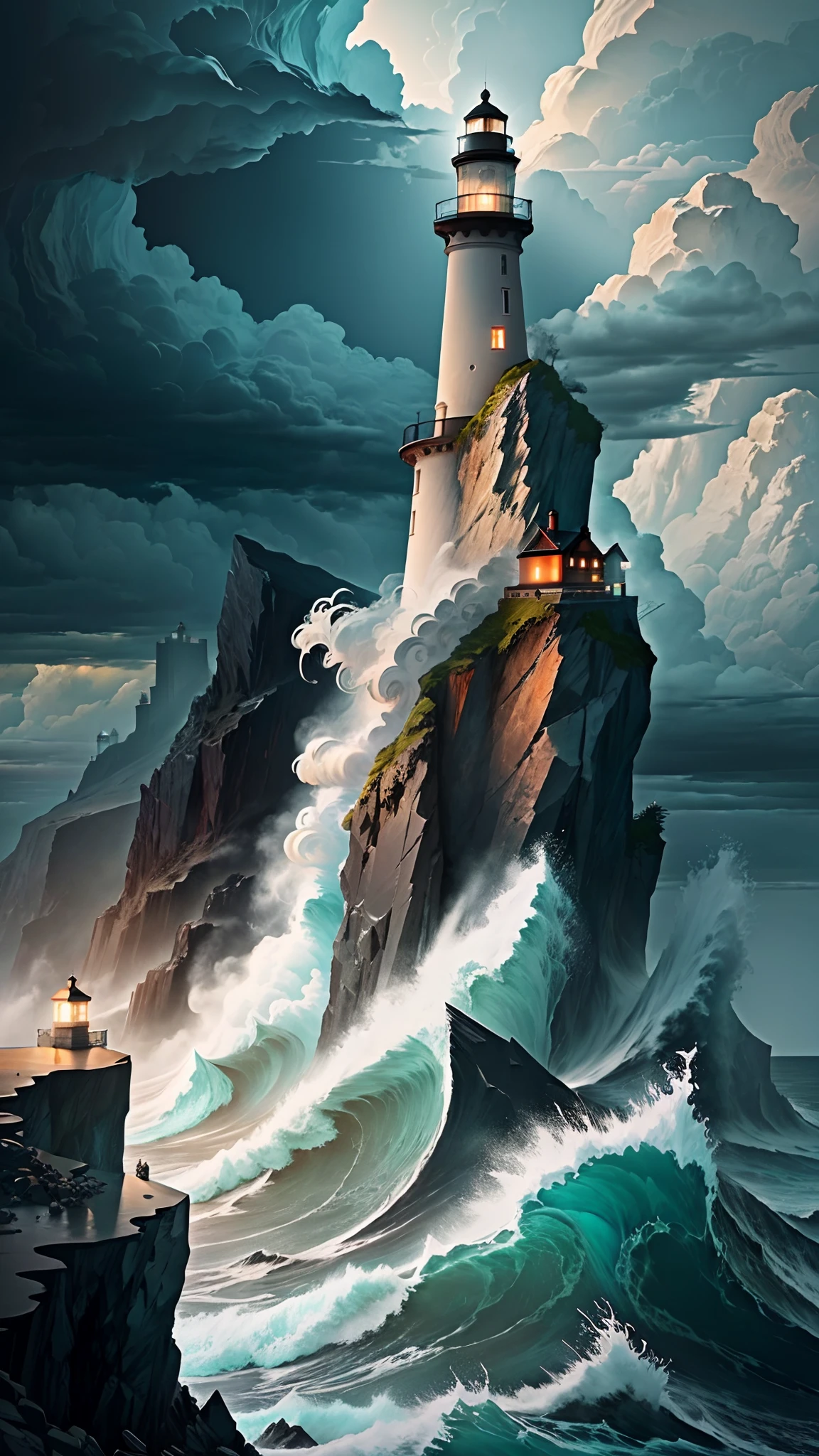 A stormy seascape with dark and ominous clouds, waves raging and crashing against jagged rocks, a lighthouse perched precariously on a cliff, casting its beam of light into the darkness, evoking a sense of danger and adventure, Illustration, digital art, --ar 9:16 --v 5