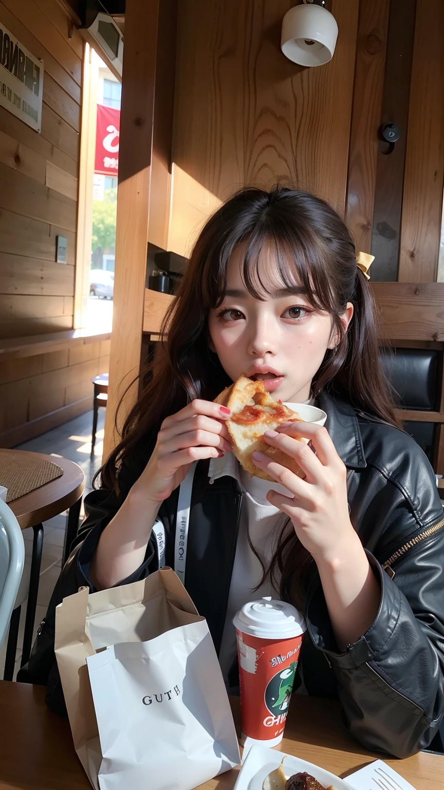 Woman eating a sandwich in a restaurant with a cup of coffee, Bae Suzy, Comer, Ulzzang, Mukbang, song hye - kyo, com franja, Chiho, ❤🔥🍄🌪, com cabelos curtos, Sakimichan, comer pizza, com franja completa, cynthwave, Jinyoung Canela, Taehyung comendo batatas fritas Gucci