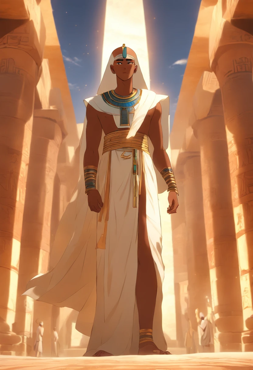 (((bald Ptah)) best quality, very high resolution, 4K detailed CG, masterpiece, Egyptian mythology,Ptah,sunlight,craftsman god, Ancient Egypt, standing pose, white robe, Egyptian clothes, desert, pyramid ,Ancient Egypt, ((architect god)), aesthetic, beautiful image, centered on screen, standing pose