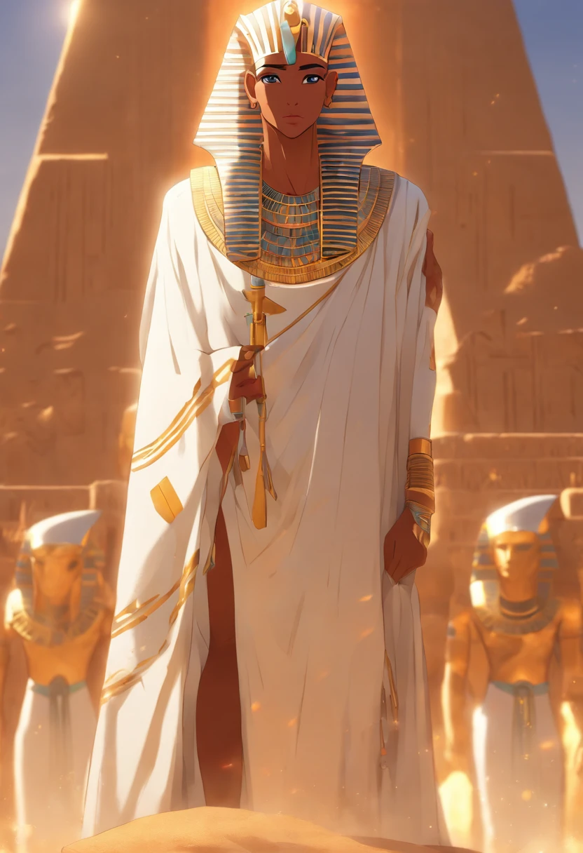 (((bald Ptah)) best quality, very high resolution, 4K detailed CG, masterpiece, Egyptian mythology,Ptah,sunlight,craftsman god, Ancient Egypt, standing pose, white robe, Egyptian clothes, desert, pyramid ,Ancient Egypt, ((architect god)), aesthetic, beautiful image, centered on screen, standing pose