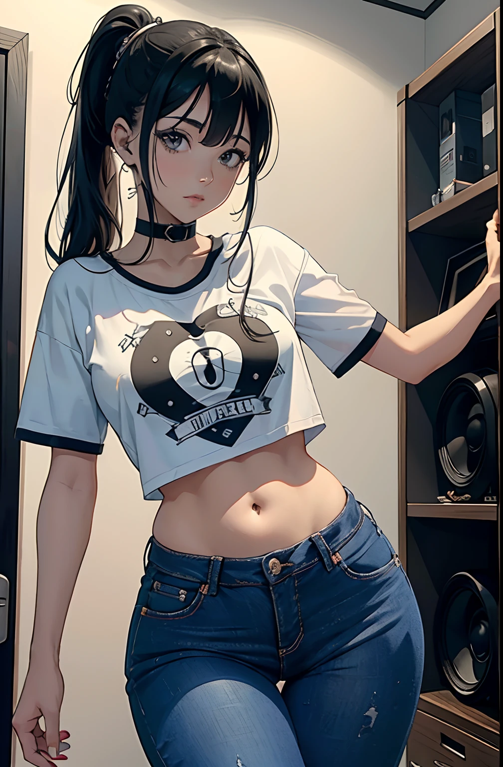 (Hinata Hyuga, muito sensual, com roupas apertadas, bunda grande, pernas grossas, Wearing extremely tight jeans, usando uma mini blusa, umbigo com pirsing, cabelo grande, Speaker behind, muito realista, extremamente sexy, 8k, 8k extremamente detalhado), (um extremamente delicado e bonito), (obra-prima), (melhor qualidade: 1.0), (ultra highres:1.0)