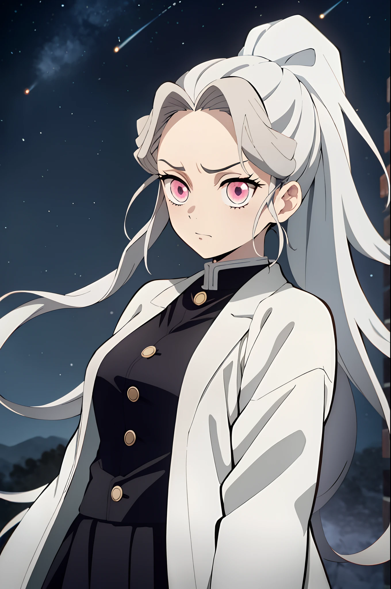 kimetsu no yaiba style, 1girl, solo, light gray hair, ponytail, long hair, forehead, messy hair, big hair, pink eyes, bags under eyes, squinting, serious, neutral, small breasts, demon slayer uniform, black coat, button coat, upper body, looking at viewer, starry sky, night, scenery, constellations, masterpiece, best quality, 8k,