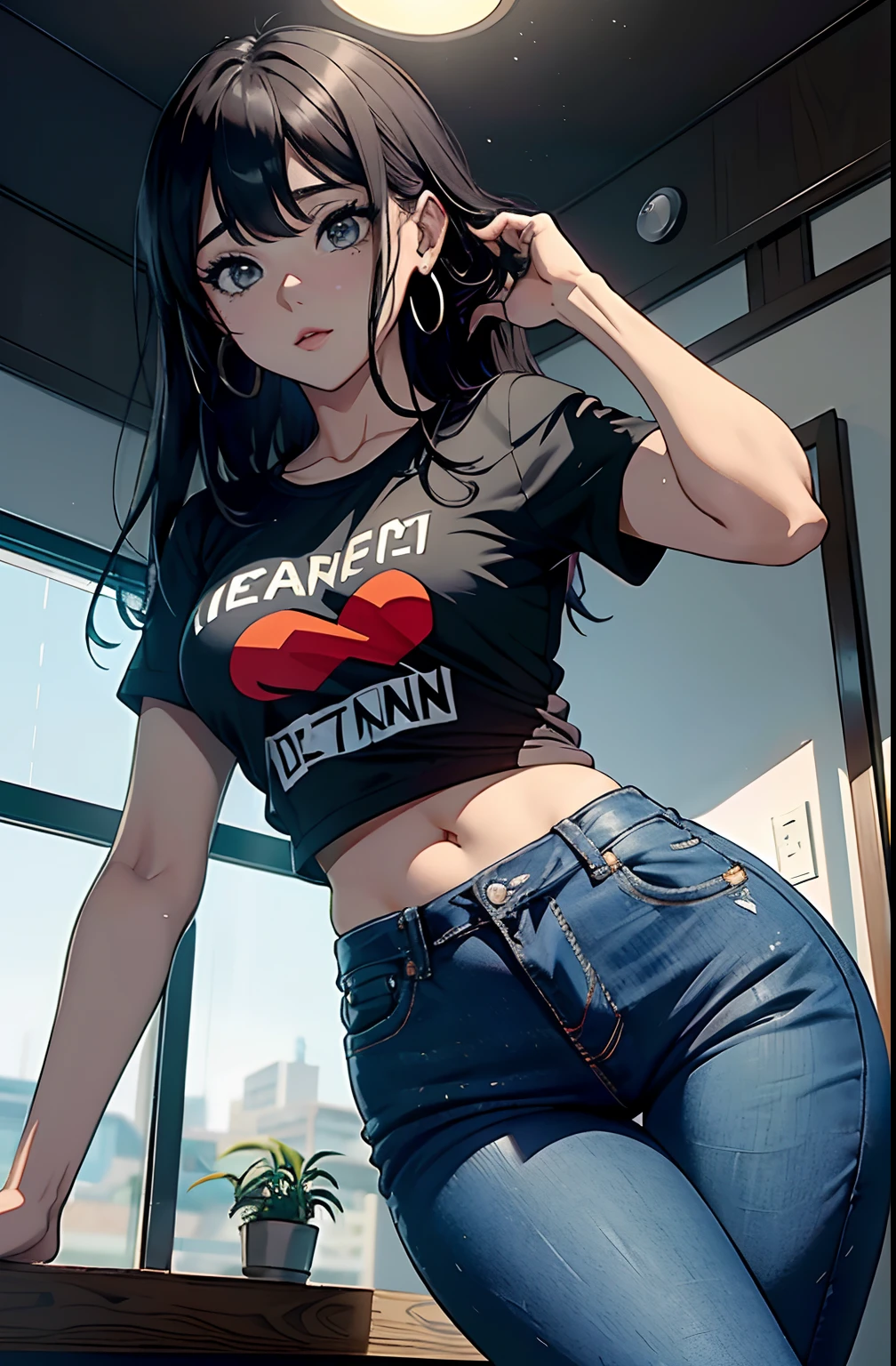 (Hinata Hyuga, muito sensual, com roupas apertadas, bunda grande, pernas grossas, Wearing extremely tight jeans, usando uma mini blusa, umbigo com pirsing, cabelo grande, Speaker behind, muito realista, extremamente sexy, 8k, 8k extremamente detalhado), (um extremamente delicado e bonito), (obra-prima), (melhor qualidade: 1.0), (ultra highres:1.0)