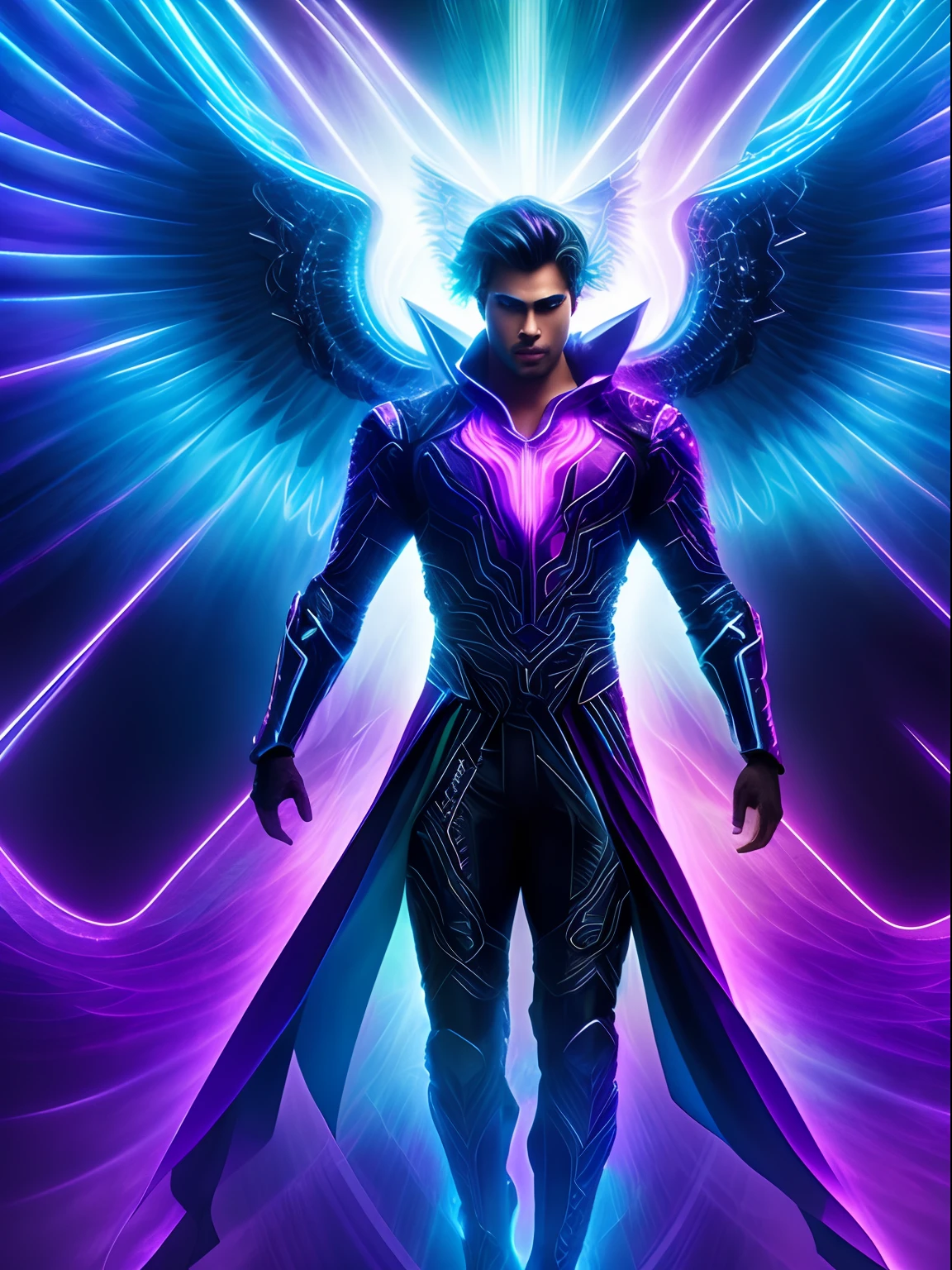 Neon fractal hologram of a handsome archangel, lawrencium lights, dynamic action poses, highly detailed