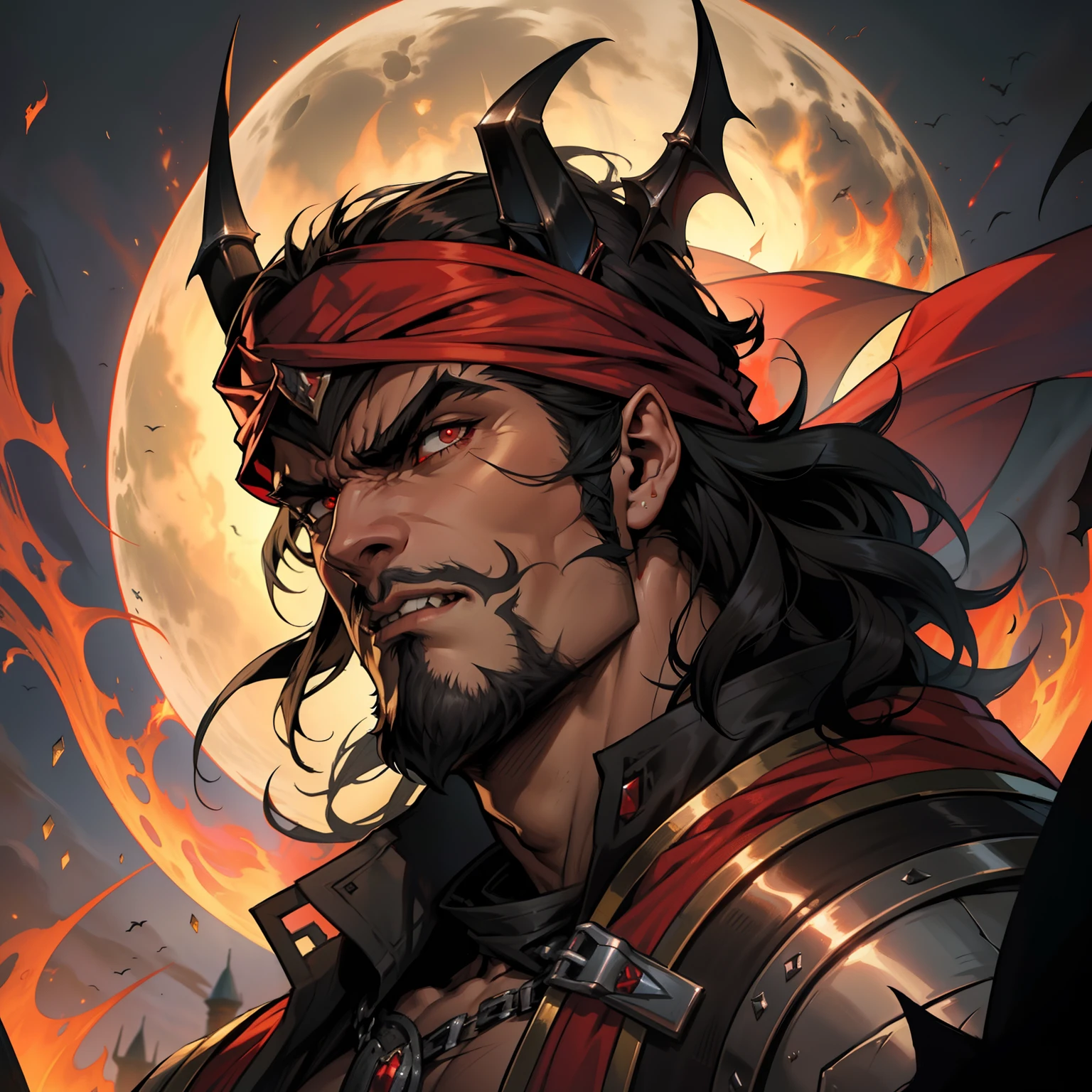 Castlevania Hyper Realistic Shadow Lord Super Detailed Dynamic Shooter Lord Dracula Centerpiece Angry Demonic Form Medieval Arab Warrior with Red Turban Scary Face Hokuto No Ken Structure Muscular Face Kenshiro Portrait Zoom Super Detailed Face