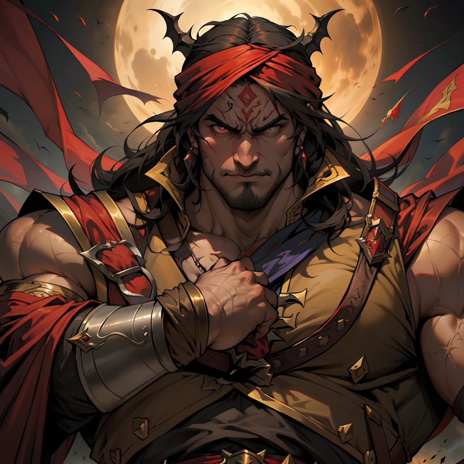 Castlevania Hyper Realistic Shadow Lord Super Detailed Dynamic Shooter Lord Dracula Centerpiece Angry Demonic Form Medieval Arab Warrior with Red Turban Scary Face Hokuto No Ken Structure Muscular Face Kenshiro Portrait Zoom Super Detailed Face