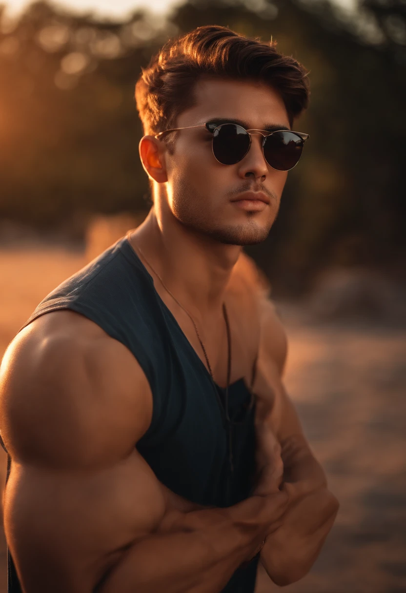 handsome boy  sunset background 8k regulation with Real Face and sunglass