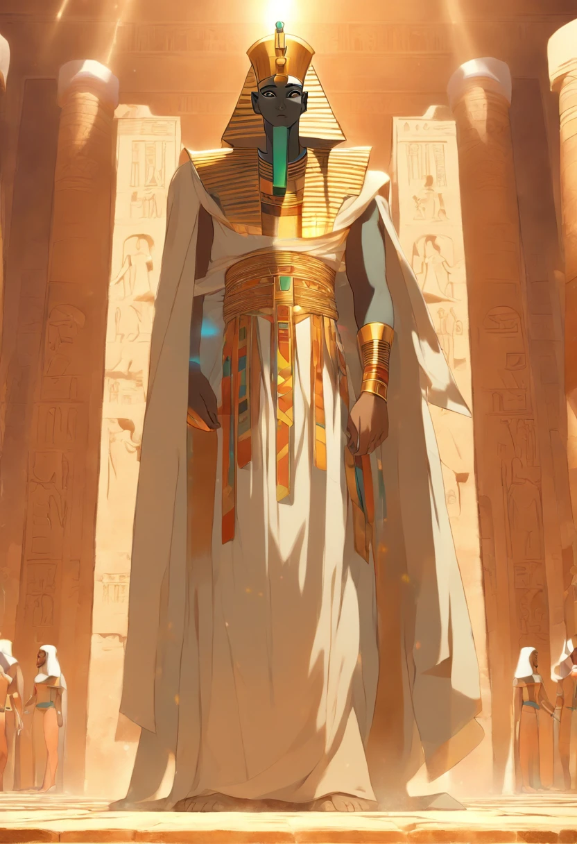 (((bald Ptah)) best quality, very high resolution, 4K detailed CG, masterpiece, Egyptian mythology,Ptah,sunlight,craftsman god, Ancient Egypt, standing pose, white robe, Egyptian clothes, desert, pyramid ,Ancient Egypt, ((architect god)), aesthetic, beautiful image, centered on screen, standing pose